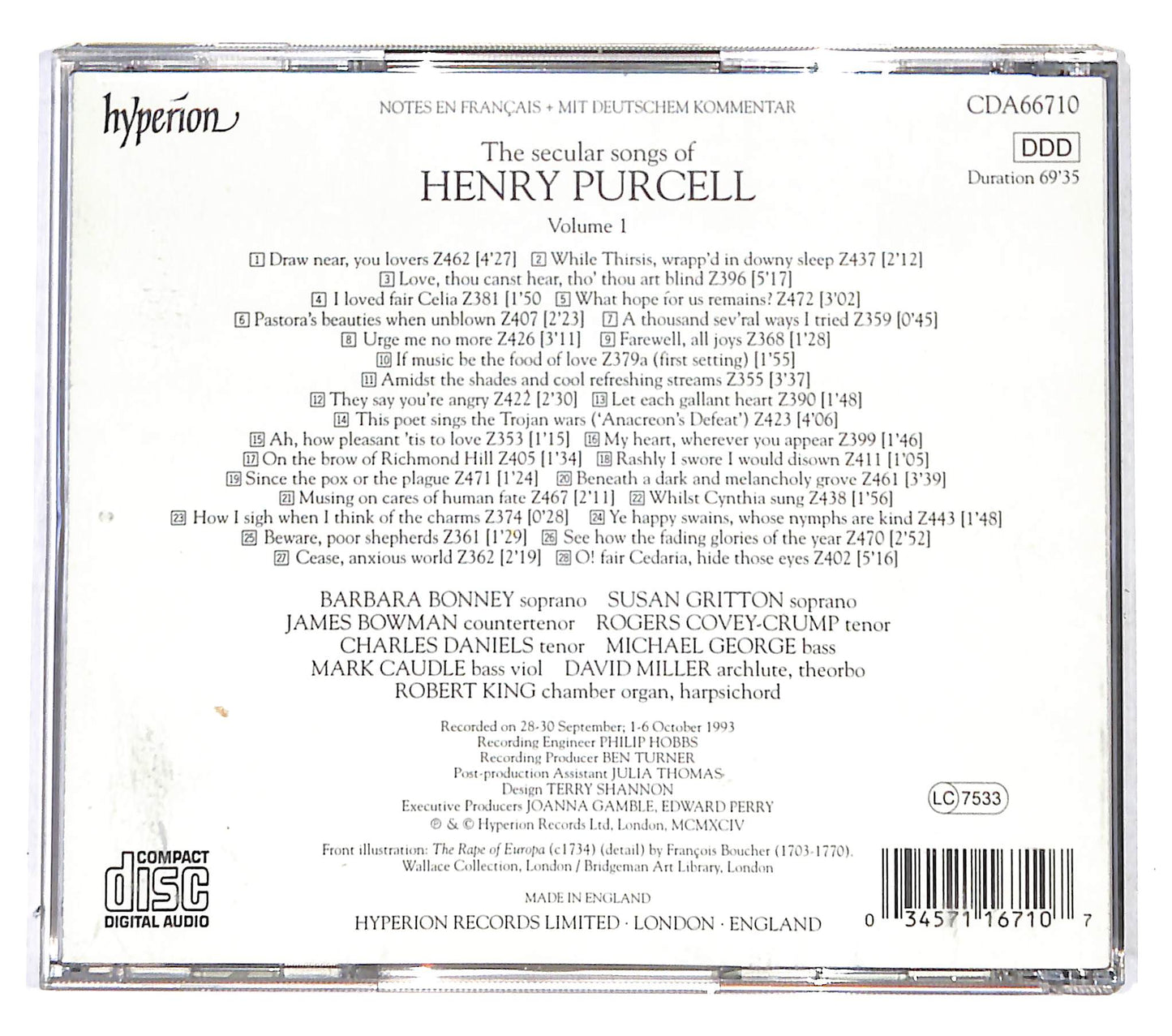 EBOND Various - The Secular Solo Songs Of Henry Purcell Volume 1 CD CB037348