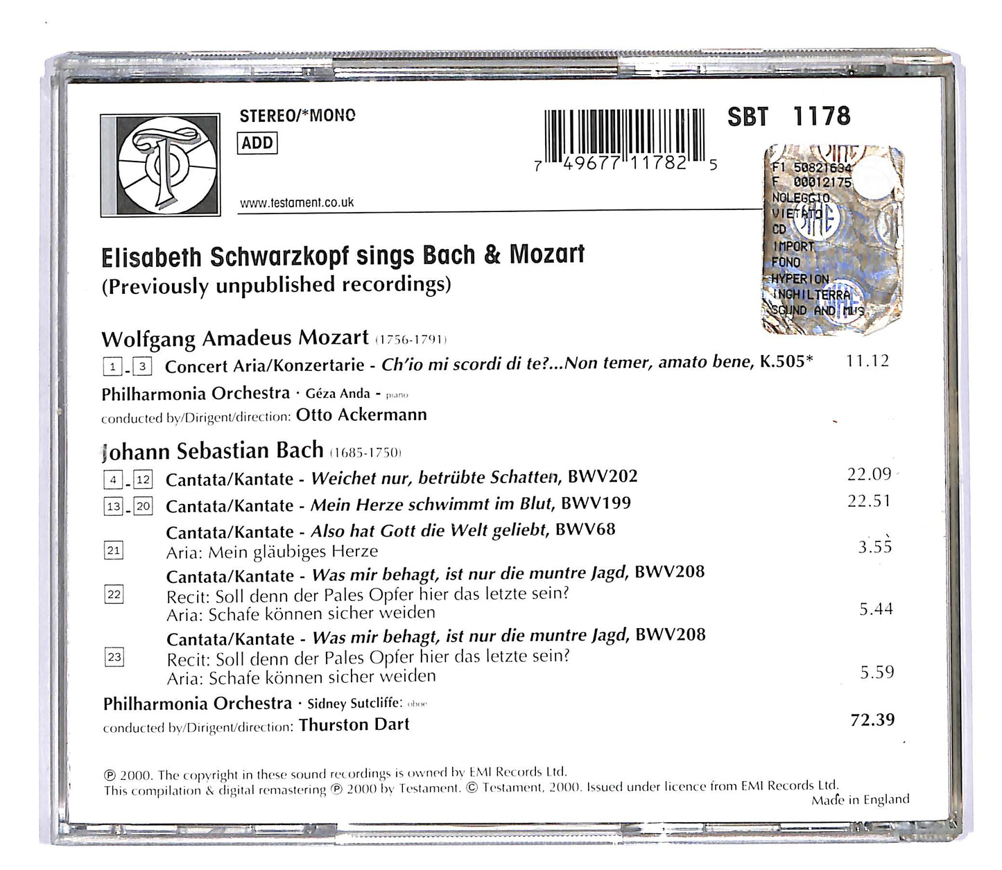 EBOND Elisabeth Schwarzkopf - Sings BAch cantatas Nos.199 202 CD CD055405