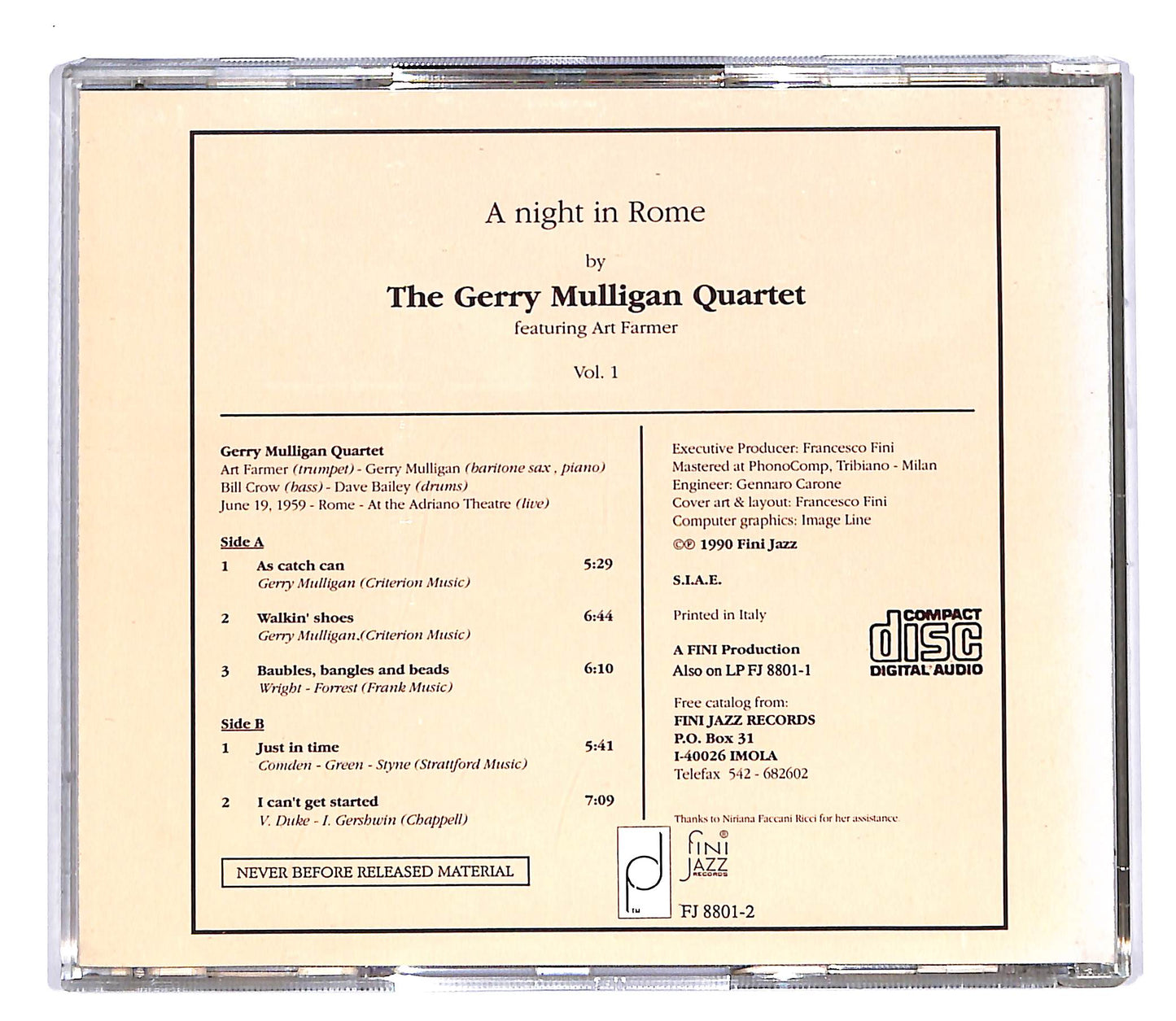 EBOND The Gerry Mulligan Quartet - A Night In Rome Vol. 1 CD CD055507