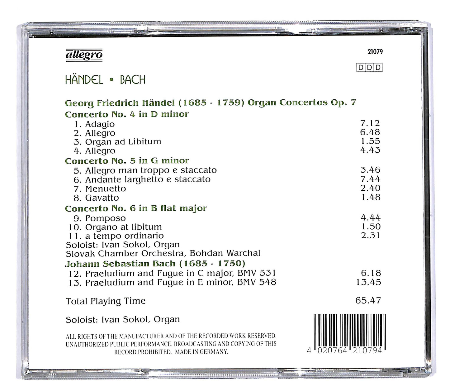 EBOND Handel - Bach - Organ Concertos No.4 5 6 - Organ Praeludium CD CD055529