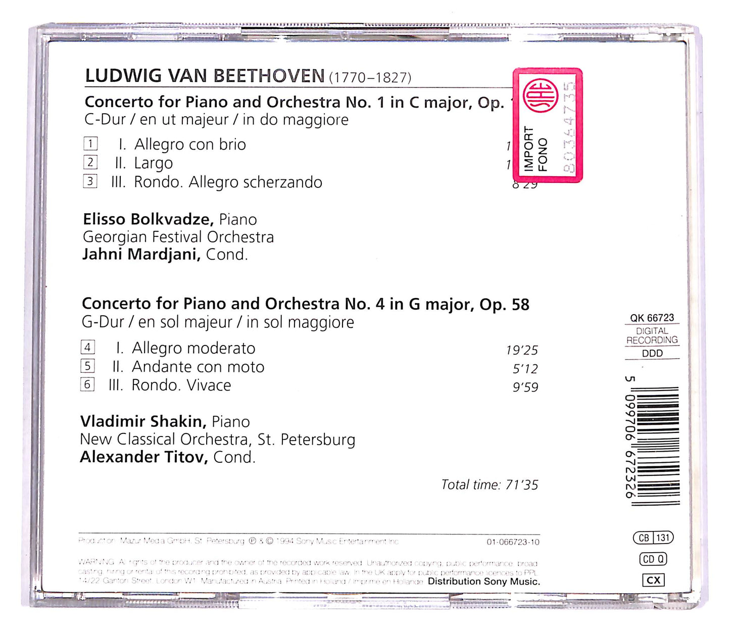 EBOND Beethoven - Piano Concertos Nos. 1 & 4 - Bolkvadze - Shakin CD CD057252