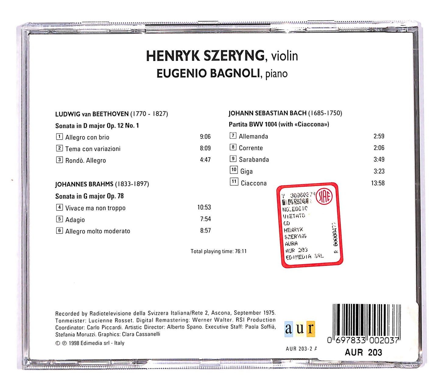 EBOND Henryk Szeryng Eugenio Bagnoli - Beethoven - Brahms - Bach CD CD058210