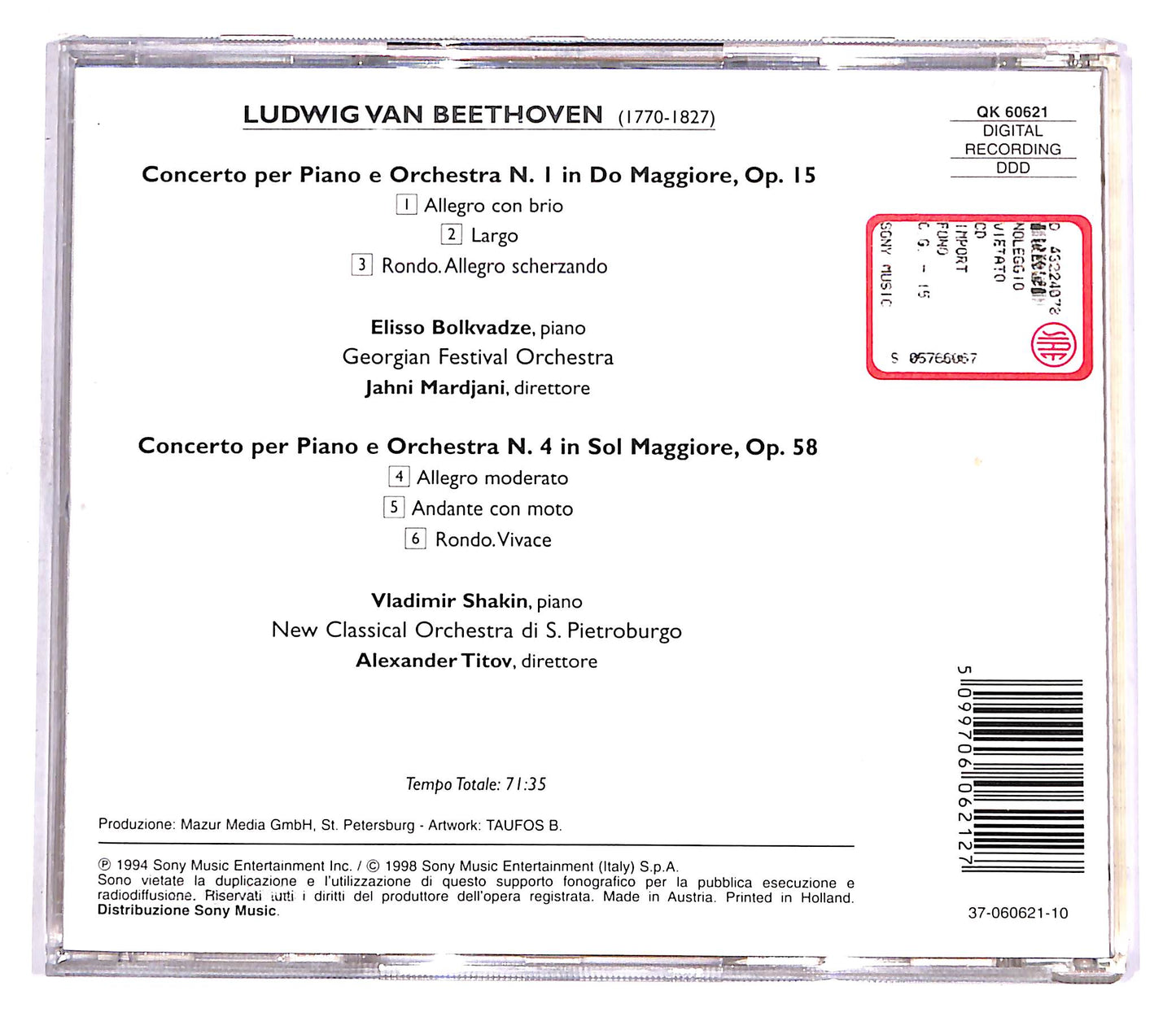 EBOND Ludwig Van Beethoven - Concerti N.1 E N.4 CD CD058731