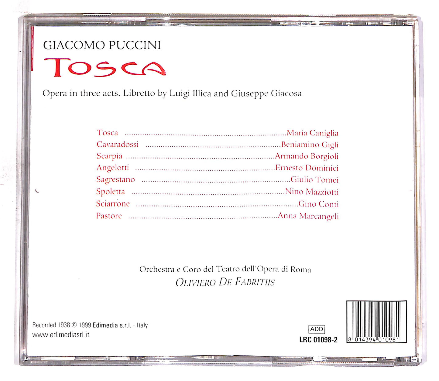 EBOND Puccini - Tosca - Oliviero De Fabritiis (2 dischi) CD CD059628