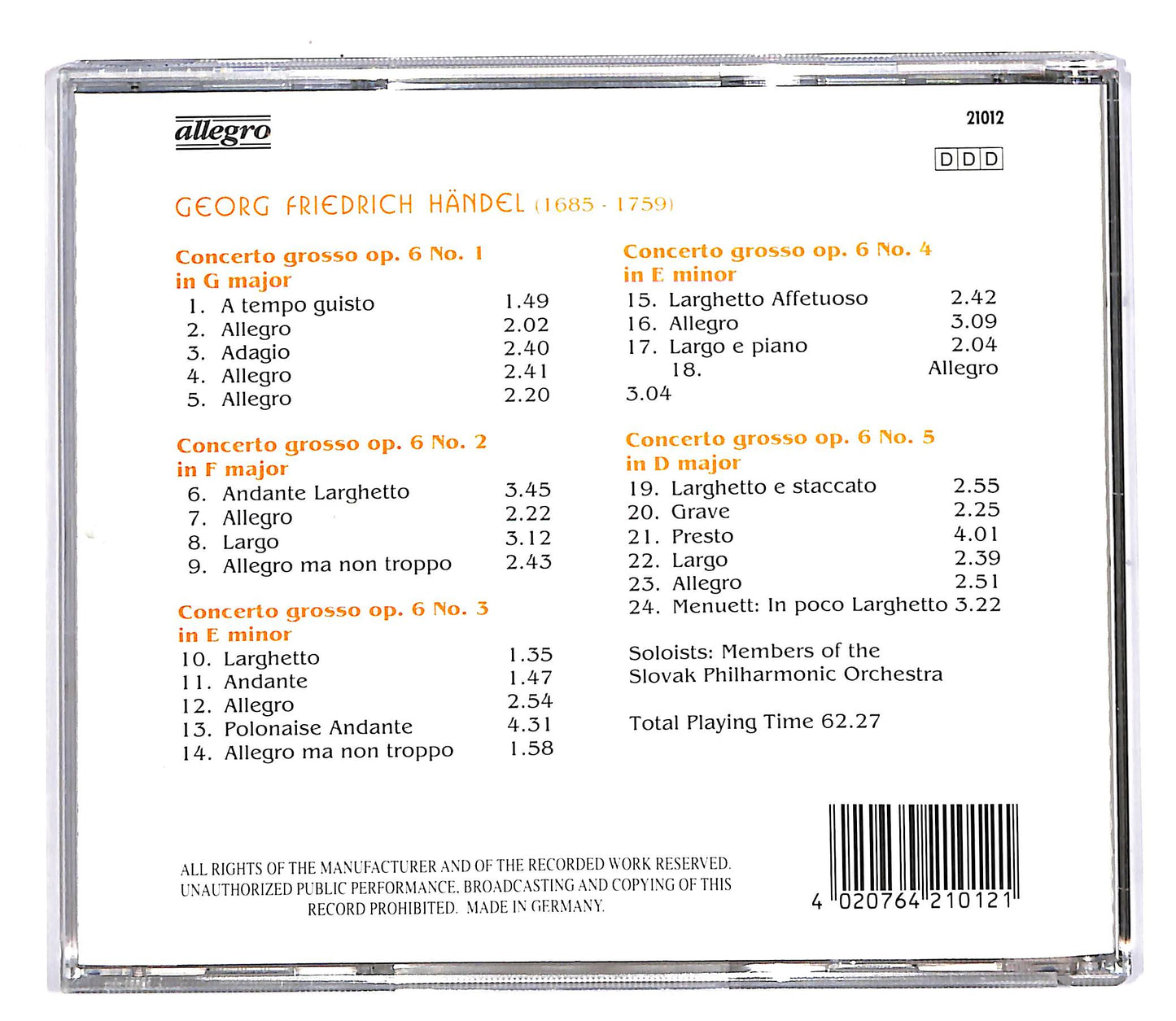 EBOND Georg Friedrich Handel - Concerti Grossi Op. 6 No's 1-5 CD CD059924