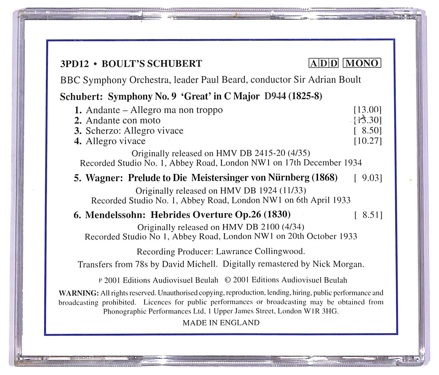 EBOND Boult's Schubert - Symphony No.9 Great in c Major CD CD063620