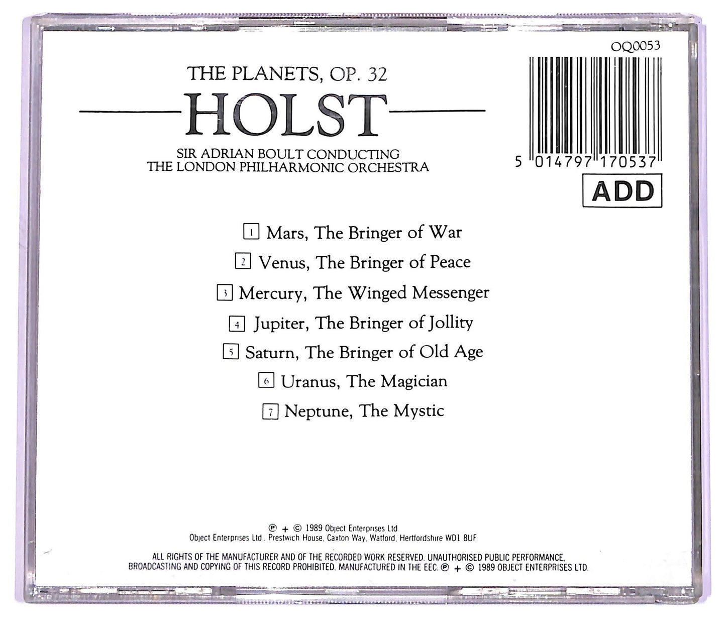 EBOND Holst , The London Philharmonic Orchestra , Sir Adrian Boult - The Planets CD CD063663