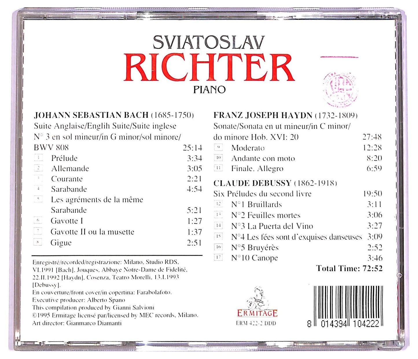 EBOND Sviatoslav Richter - Piano Suite Anglaise N,3 BWV 808 Sonata N,20, Six Preludes II Livre COMPILATION JEWEL CASE CD CD066134