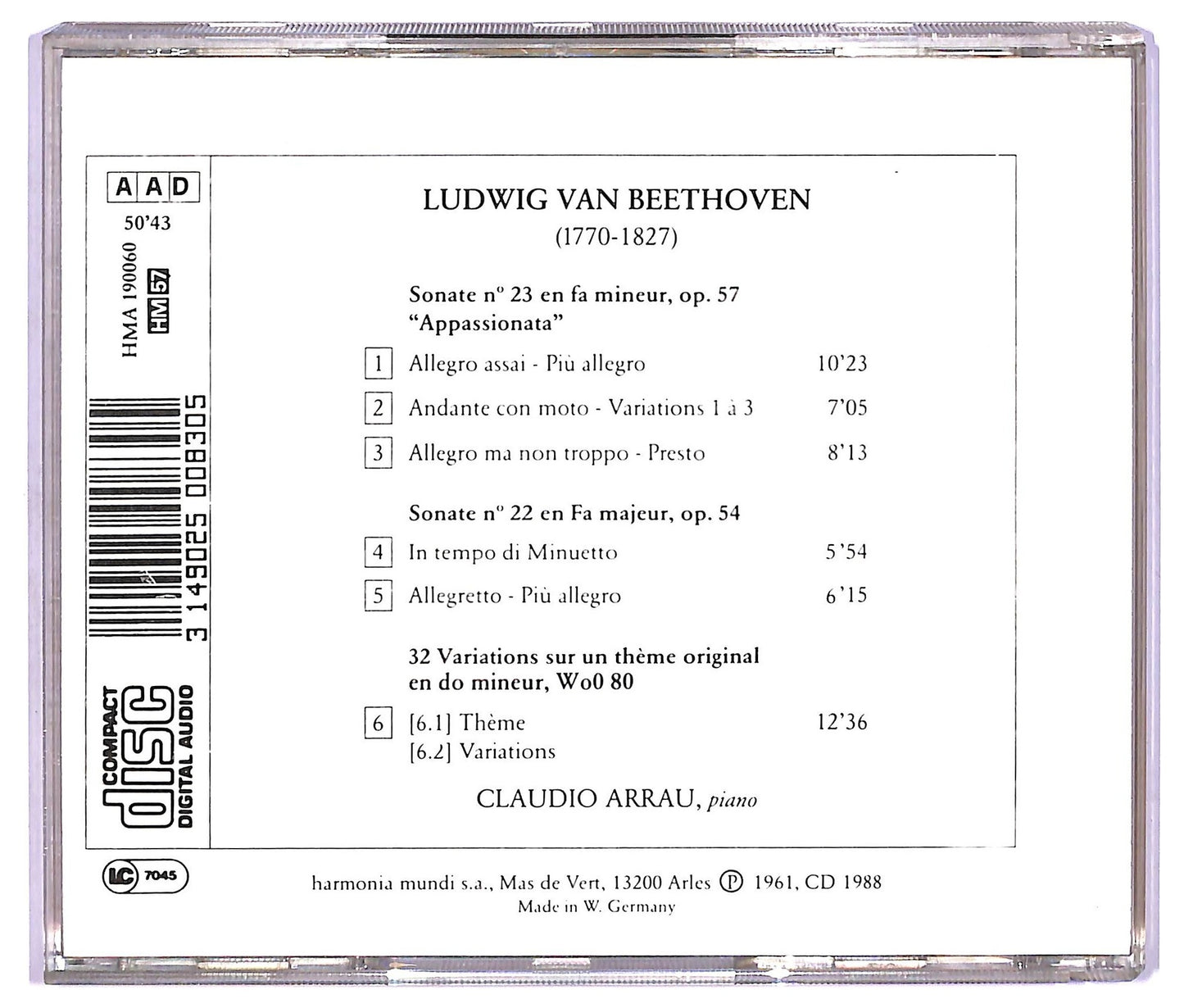 EBOND Beethoven Claudio Arrau - Sonates N° 22 Et 23 Appassionata CD CD067924