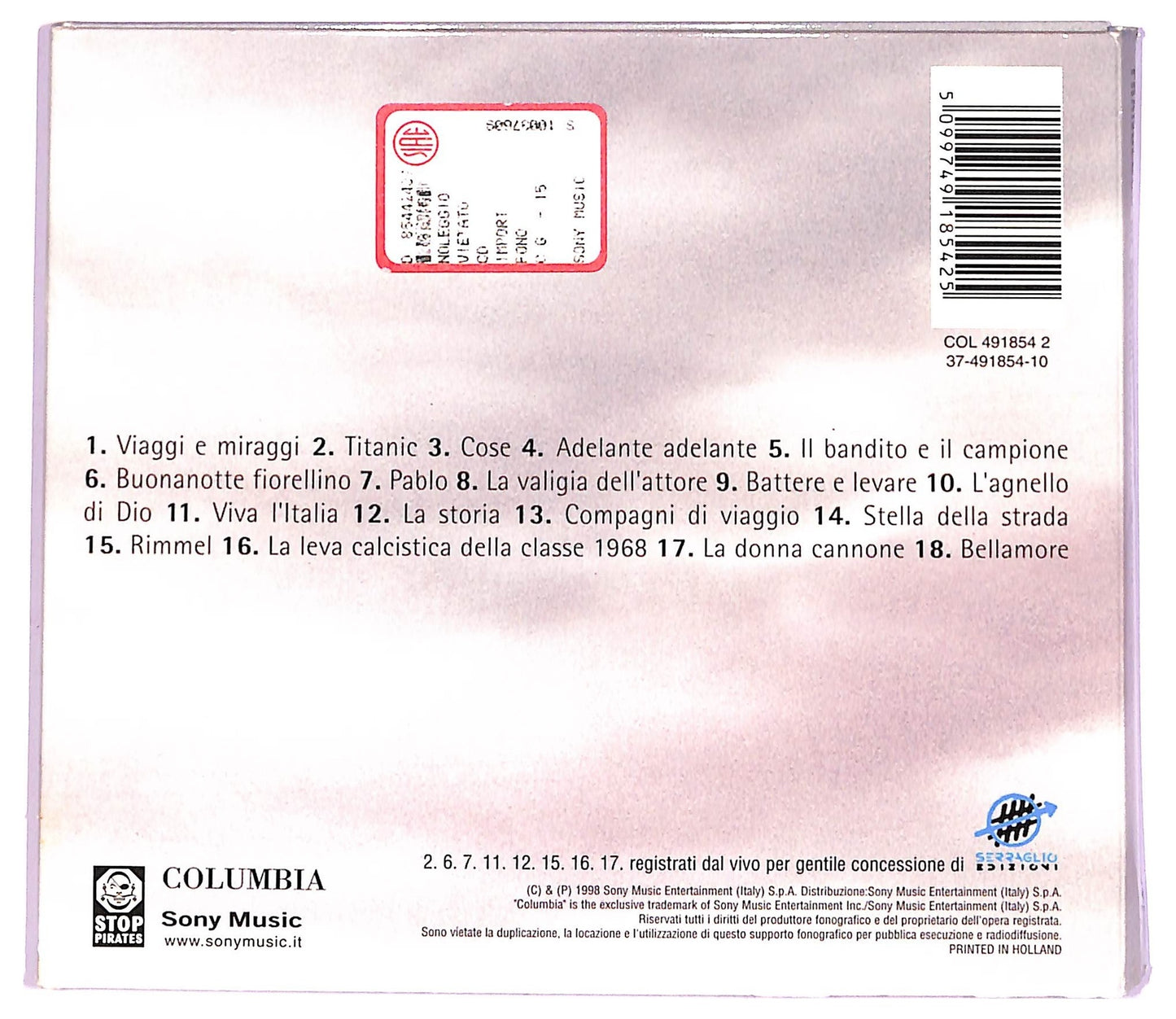 EBOND Francesco De Gregori - Curve Nella Memoria CD CD069137