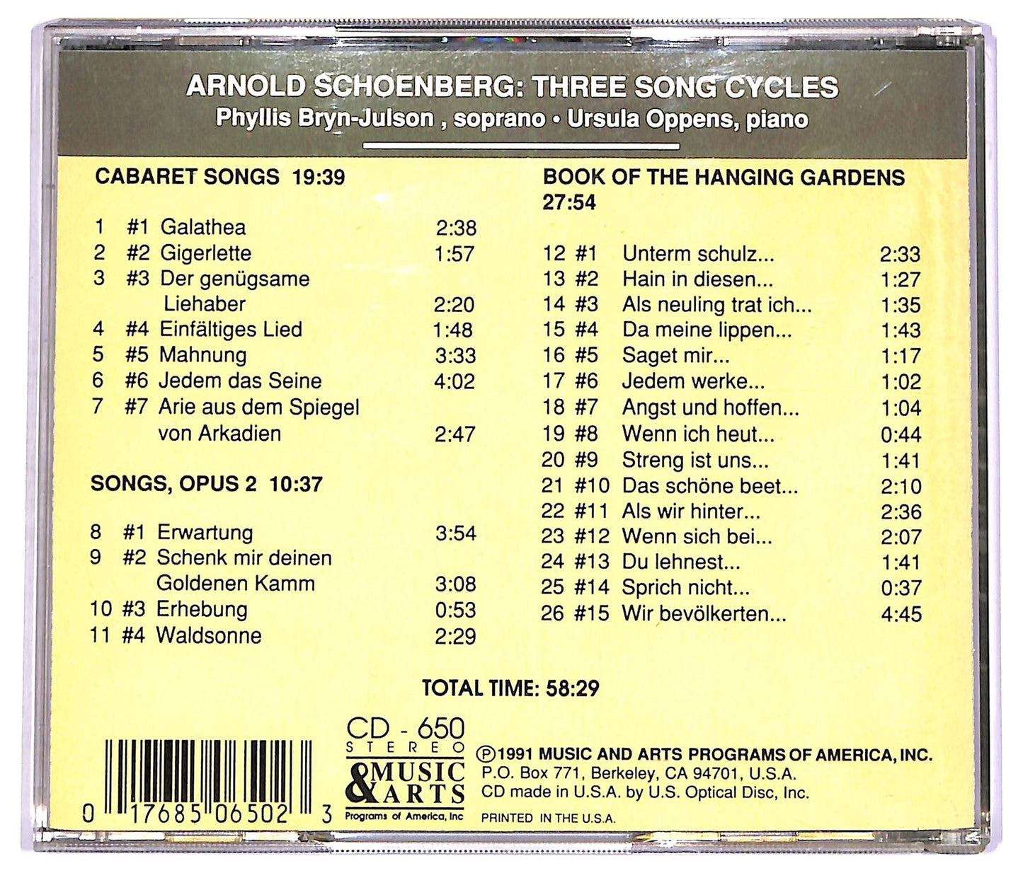 EBOND Arnold Schoenberg - Arnold Schonberg: Three Song Cycles CD CD070462