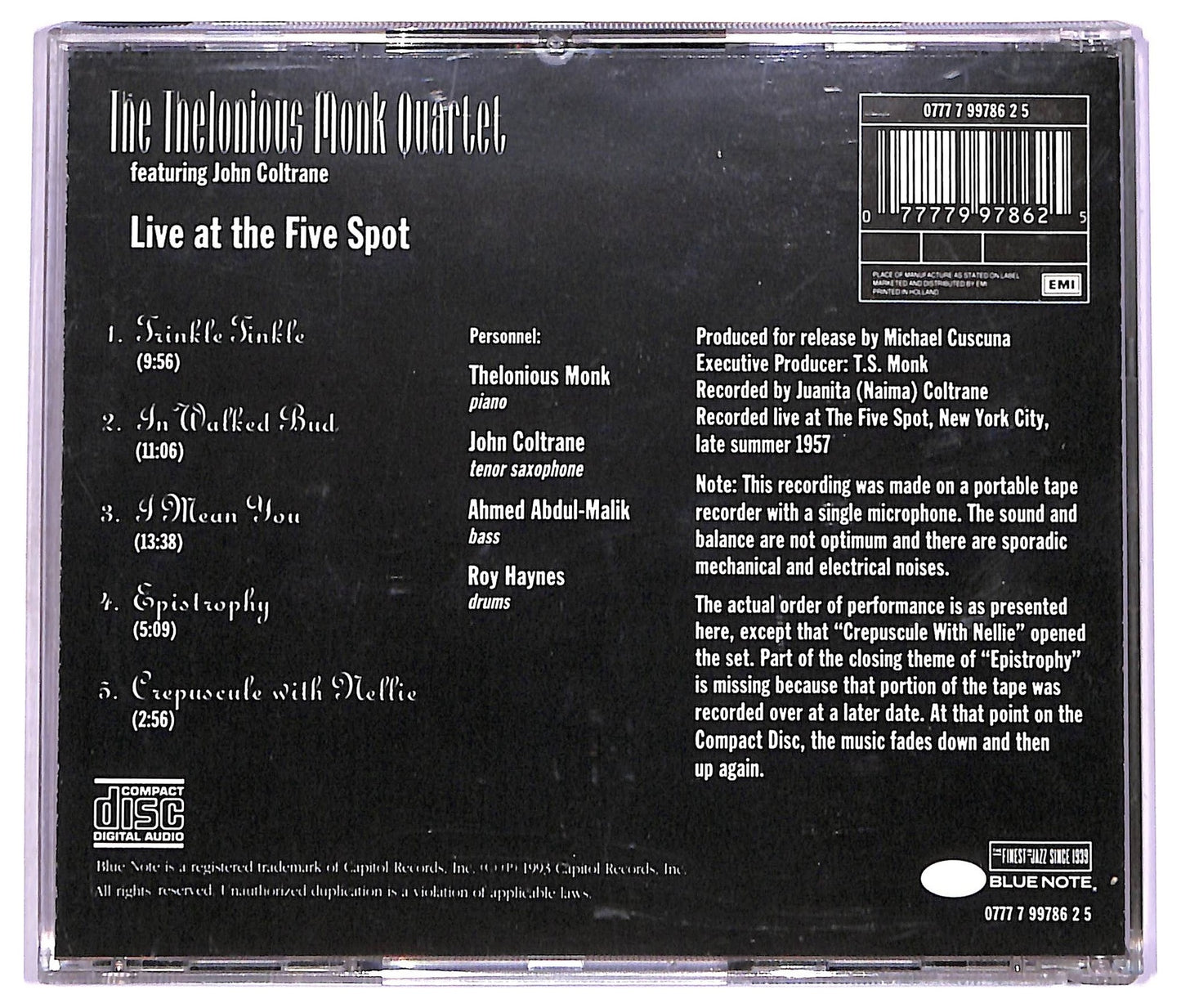 EBOND The Thelonious Monk Quartet Feat John Coltrane - Live At The Five Spot Discovery! CD CD072056