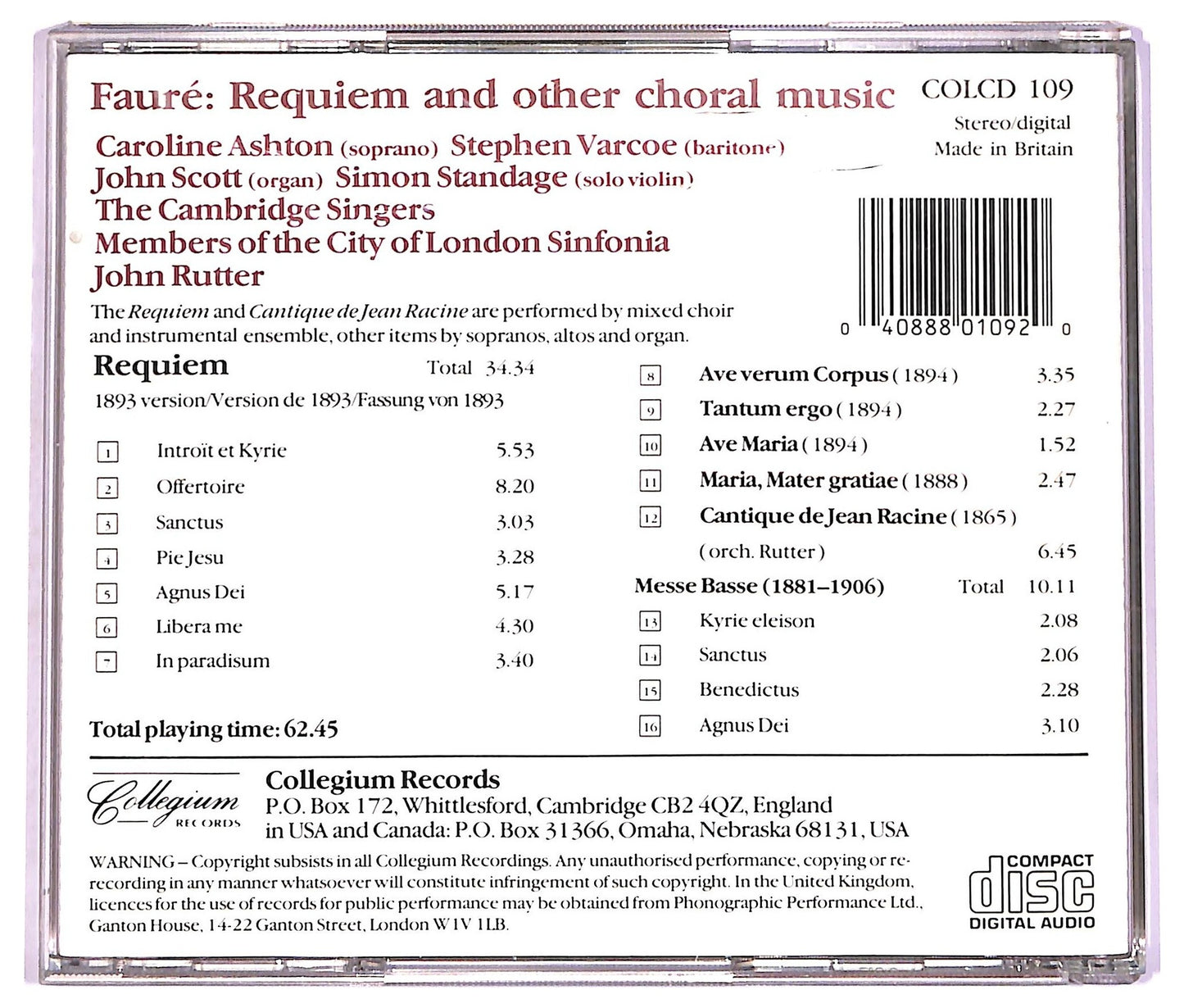 EBOND Faure - Requiem (1893 Version) And Other Choral Music CD CD072478