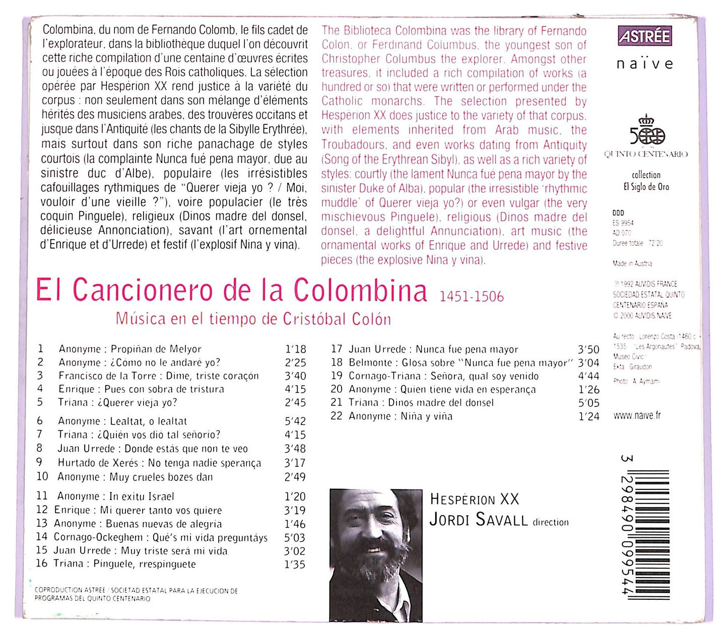 EBOND Hesperion XX Jordi Savall - El Cancionero De La Colombina (1451-1506) CD CD073818