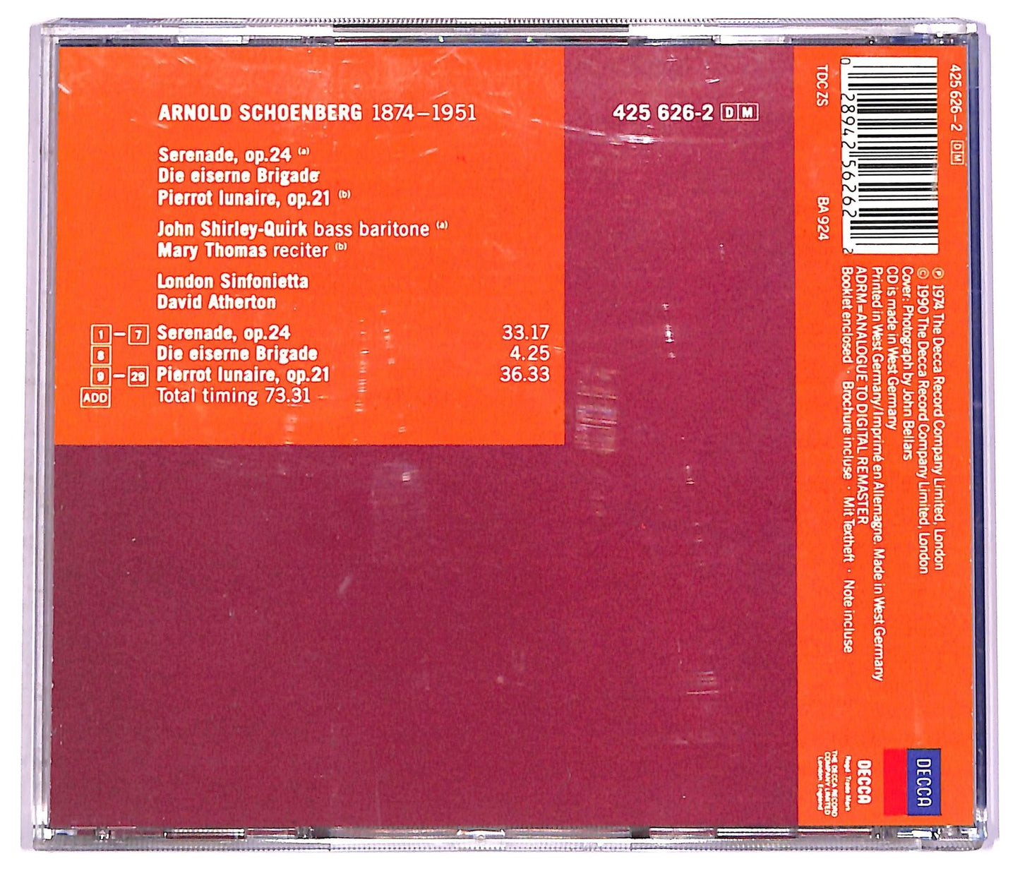 EBOND Schoenberg - Serenade For Seven Instruments & Bass Voice, Op. 24, Pierot Lunaire CD CD074013