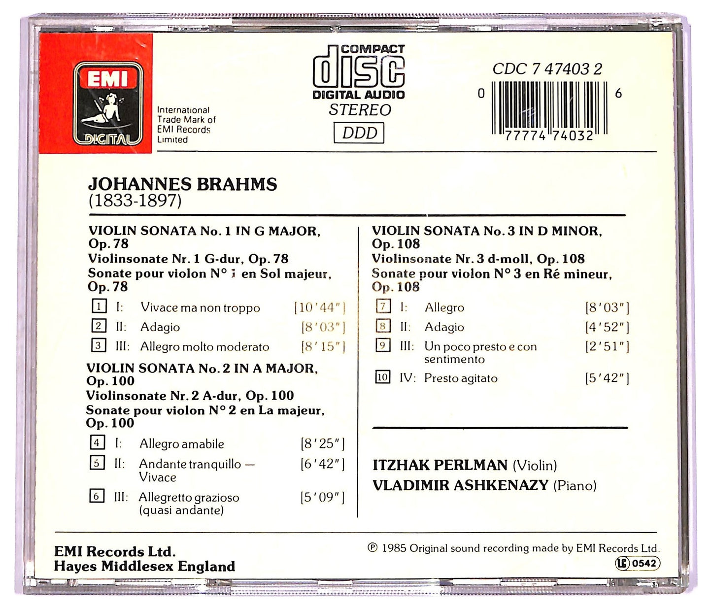 EBOND Brahms - Violin Sonatas Nos. 1-3 CD CD074601
