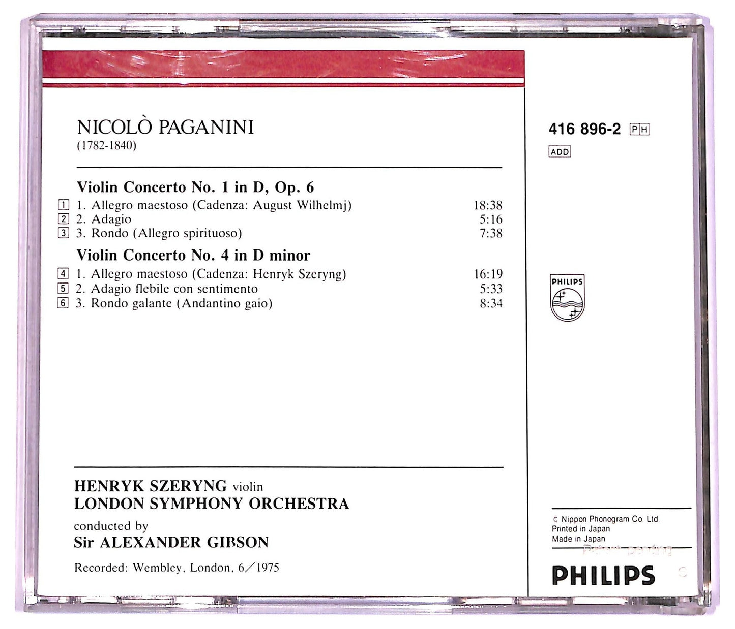 EBOND Paganini - Violin Concertos No.1 In D No.4 In D Minor CD CD076516