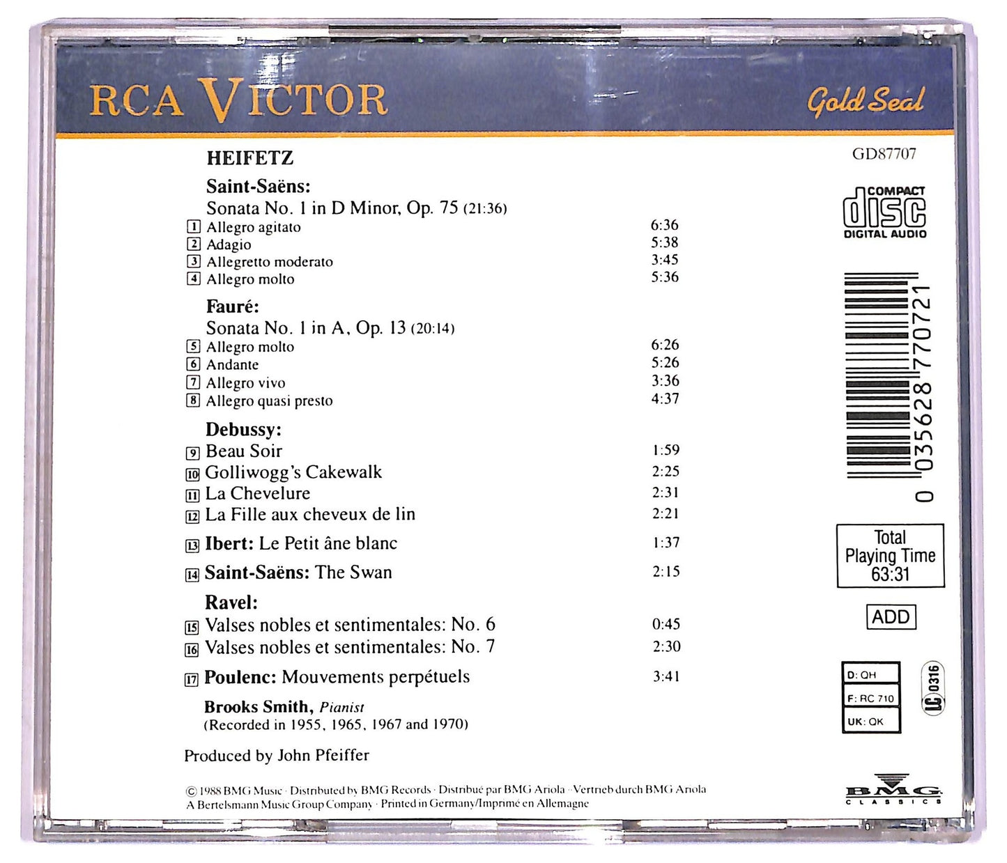 EBOND Heifetz Saint-Saens Debussy Ravel Ibert Poulenc - Sonata CD CD078605