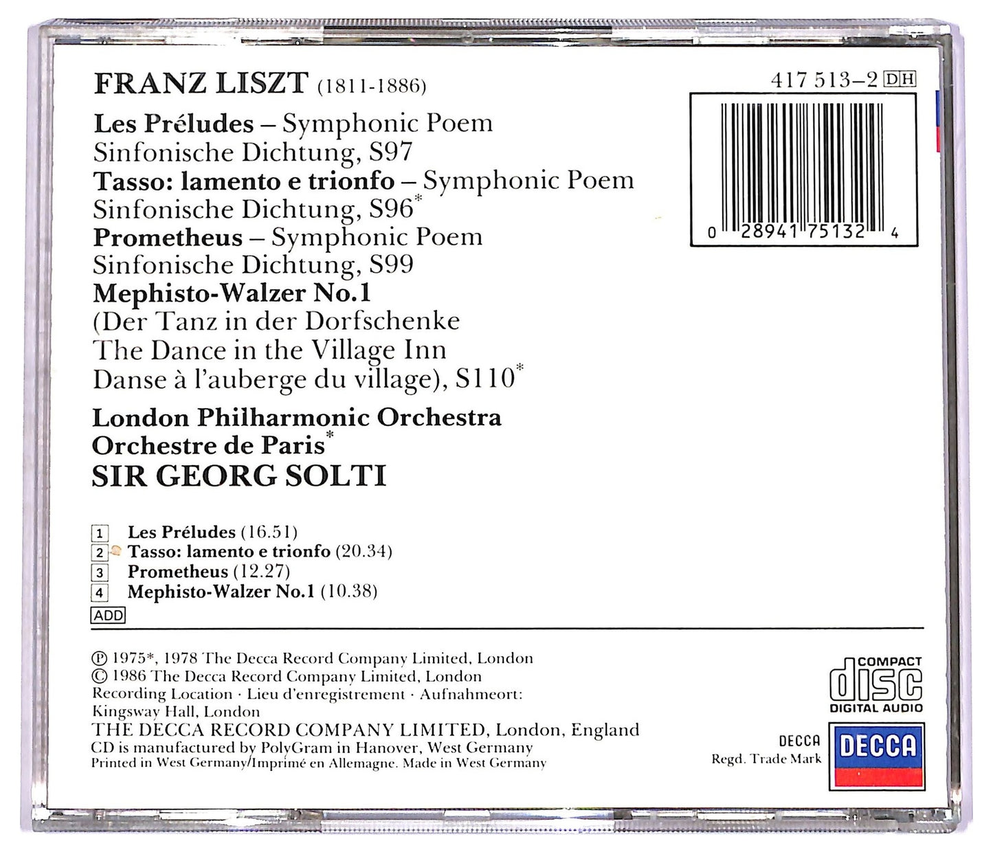 EBOND Liszt - Les Preludes Tasso Prometheus Mephisto-Walzer No. 1 CD CD078619