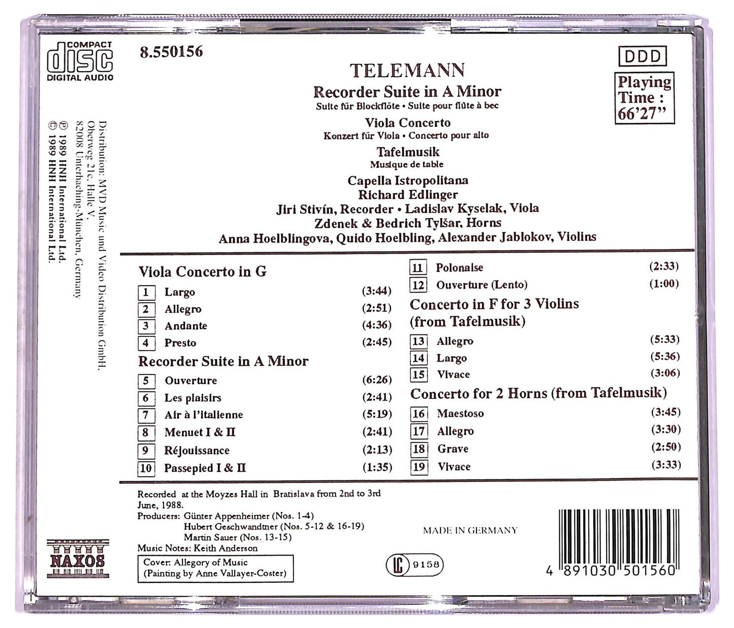 EBOND Telemann - Recorder Suite In A Minor Viola Concerto Tafelmusik CD CD079238