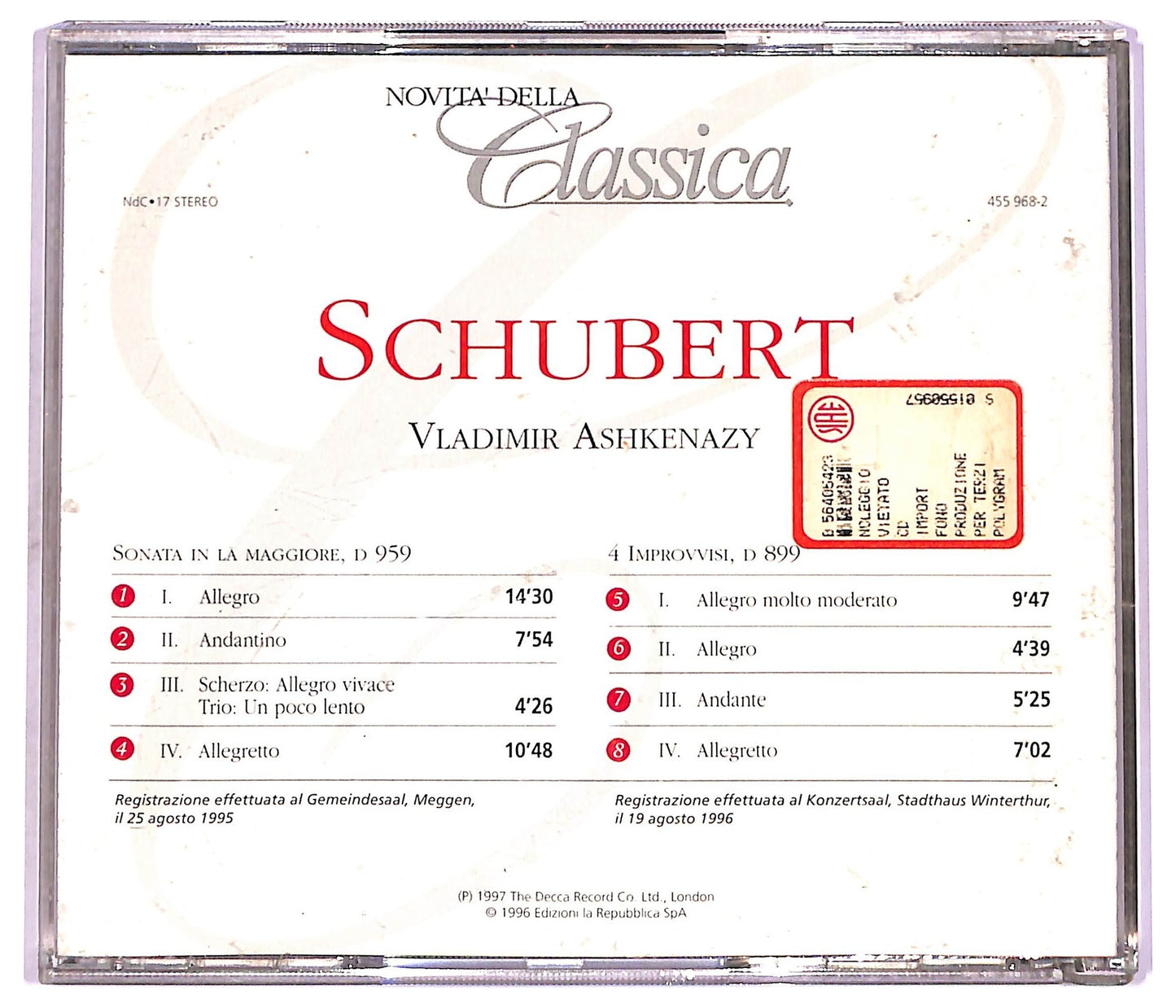 EBOND Schubert Ashkenazy - Sonata In La Maggiore, D 959 / 4 Improvvisi, D 899 CD CD080245