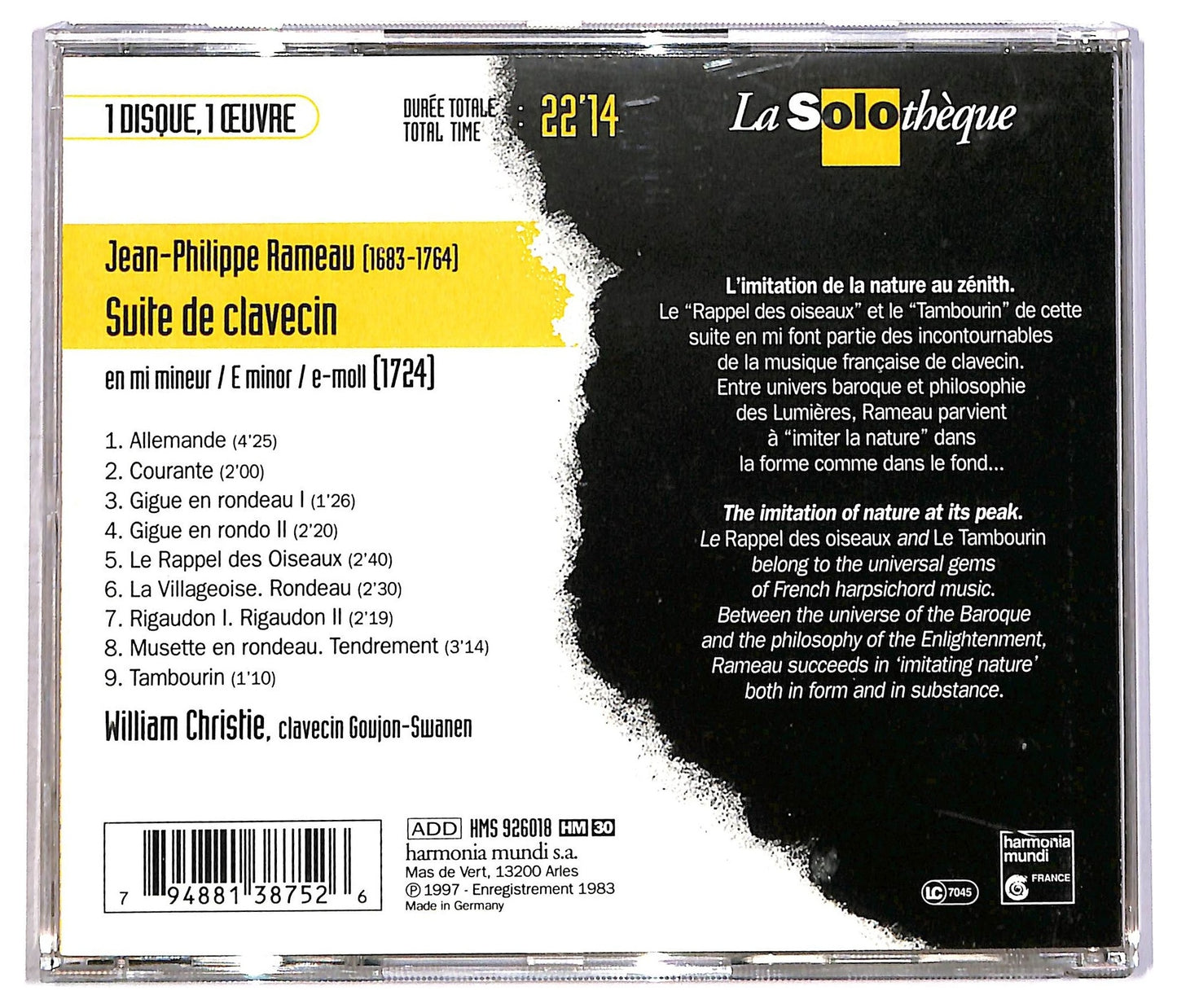 EBOND Rameau William Christie - Le Rappel Des Oiseaux (Suite De Clavecin) CD CD086533