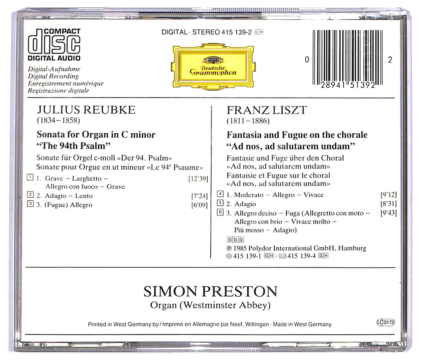 EBOND Reubke Liszt - Organ Sonata Fantasia And Fugue Simon Preston, Organ CD CD089057