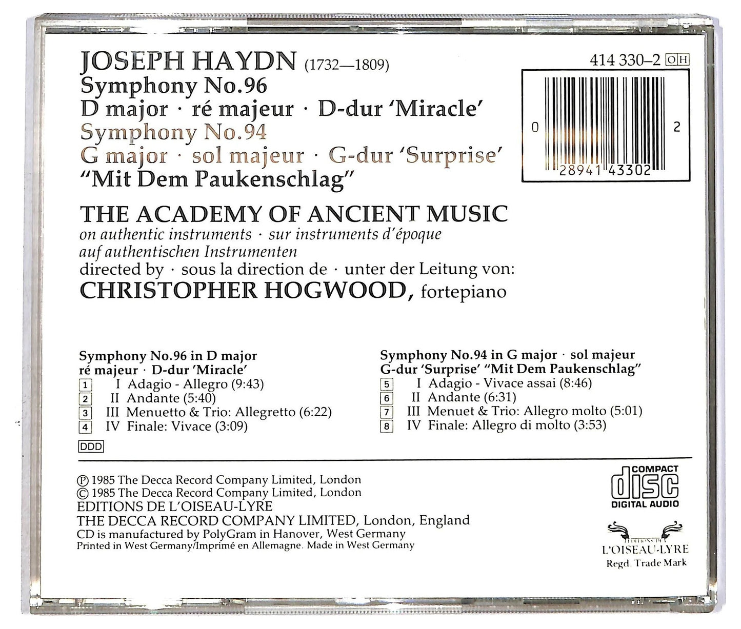 EBOND Joseph Haydn - Symphony No. 94 Surprise Symphony No. 96 'Miracle CD CD089619