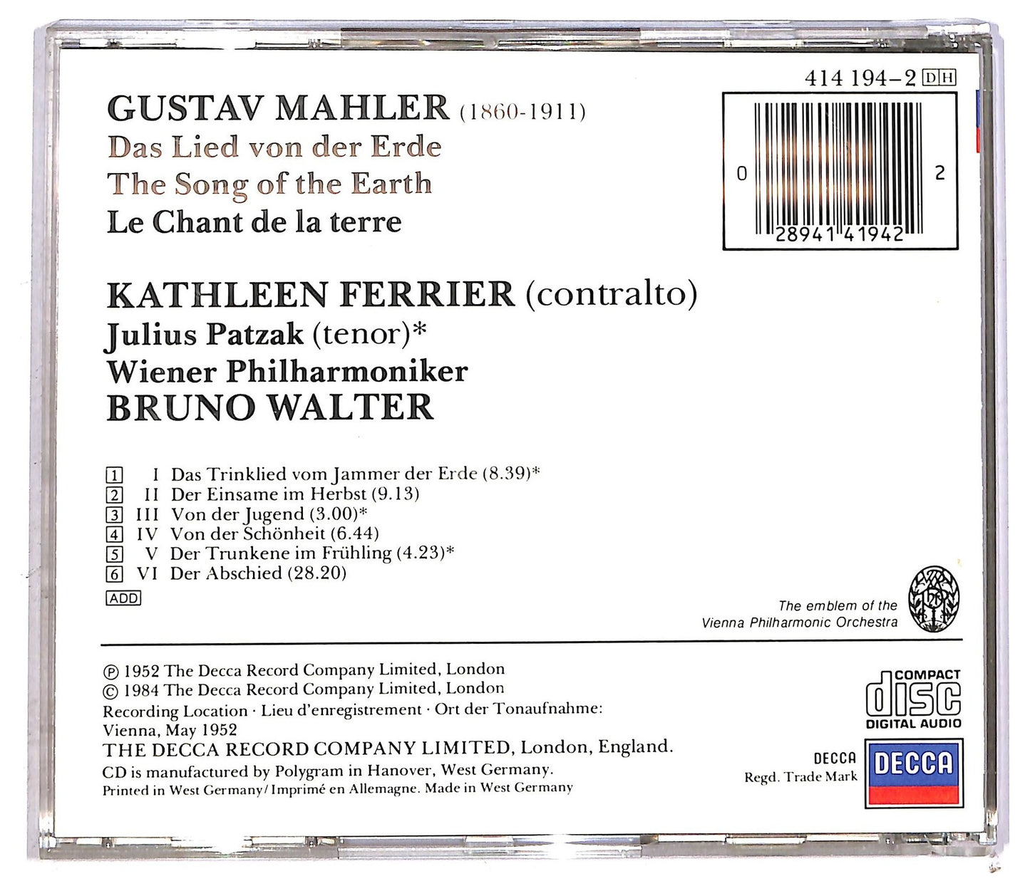 EBOND Mahler - Das Lied Von Der Erde CD CD089652