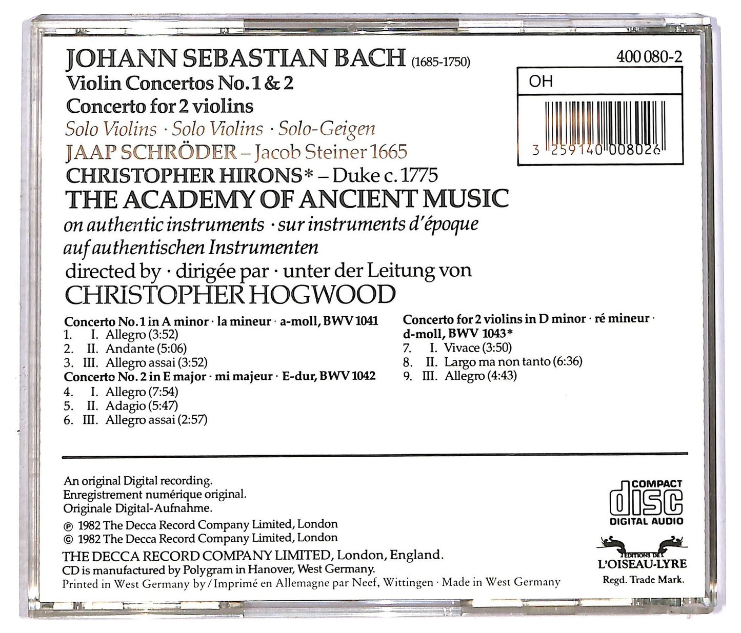 EBOND Johann Sebastian Bach - Violin Concertos 1 & 2 Concerto For Two Violins CD CD089802