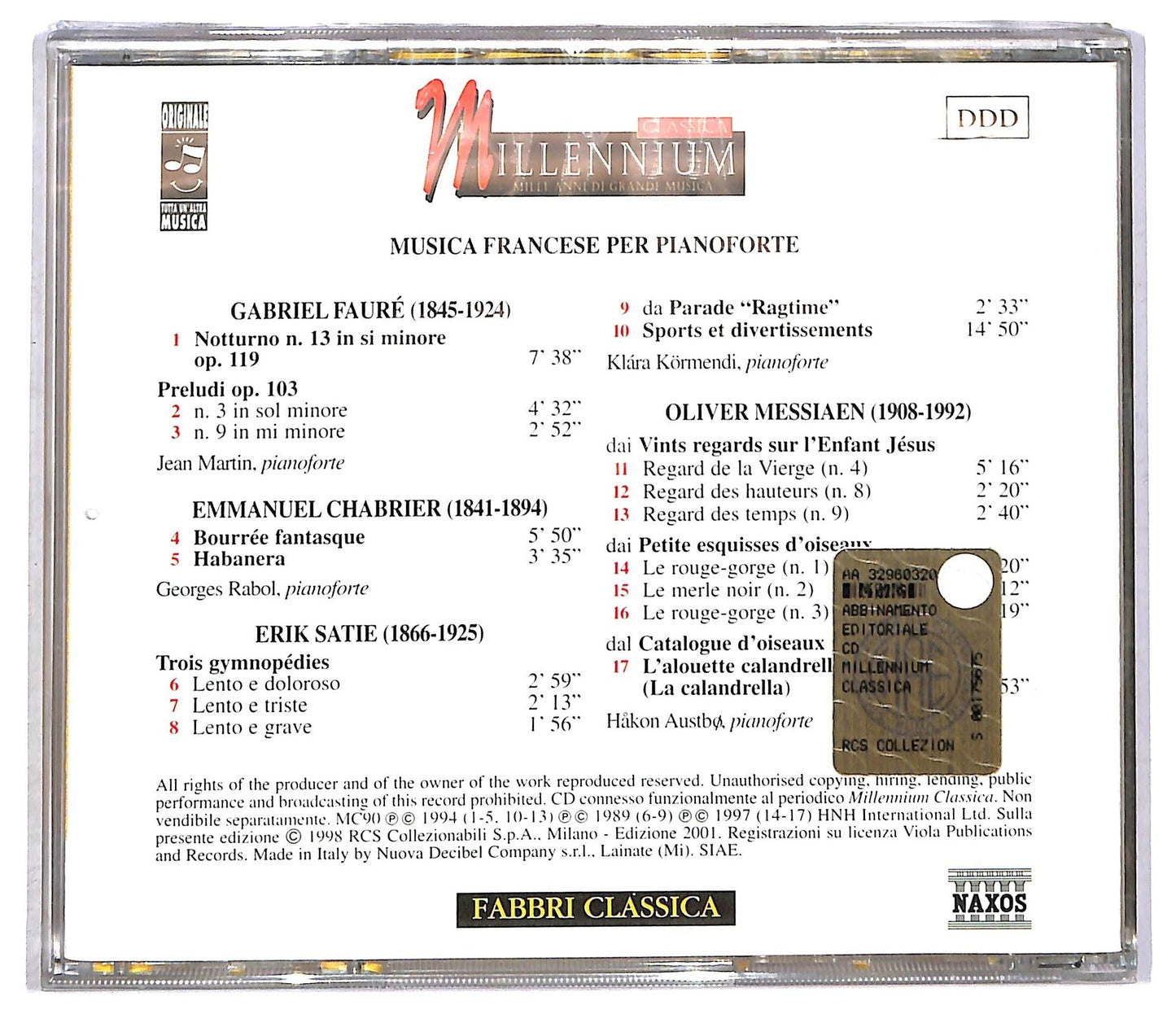 EBOND Faure Chabrier Satie Messiaen - Musica Francese Per Pianoforte CD CD090305