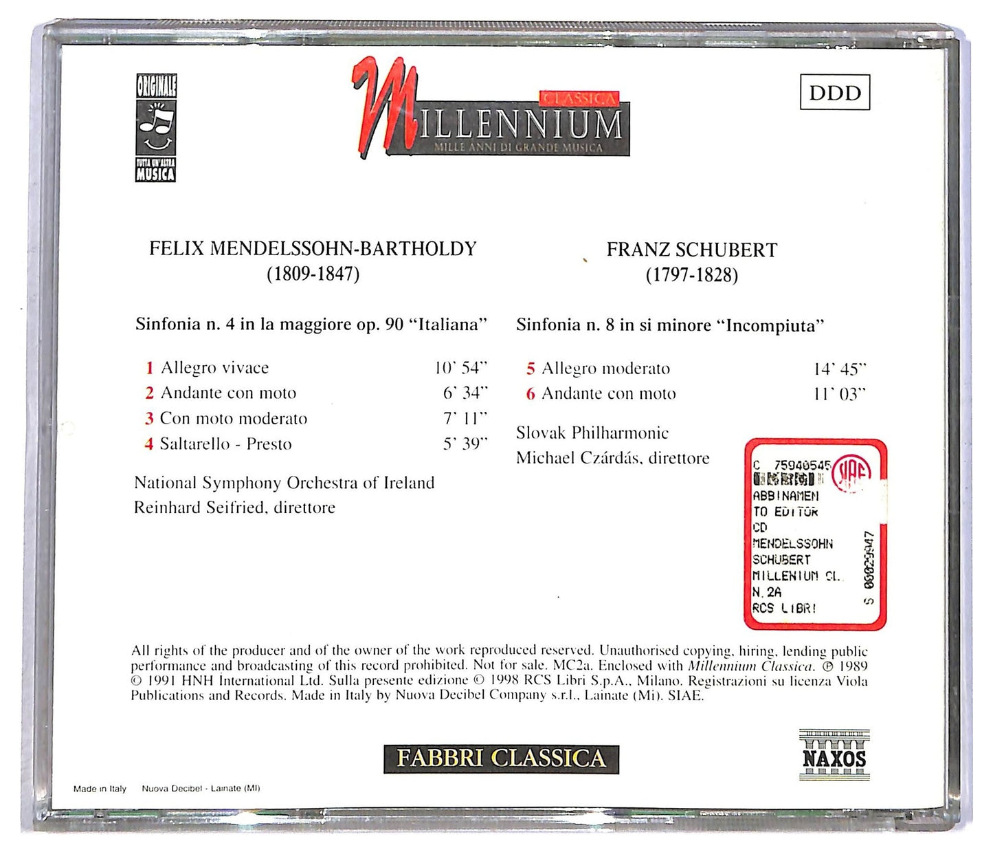 EBOND Mendelssohn Schubert - Sinfonia 4 Italiana - Sinfonia 8 Incompiuta CD CD090349