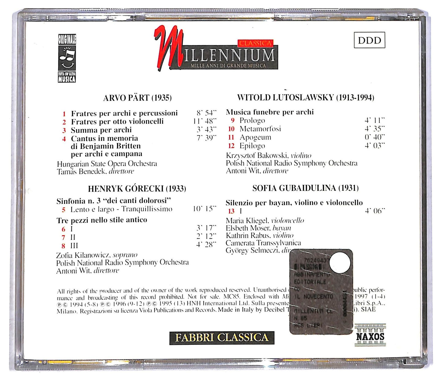 EBOND Part Gorecki Lutoslawsky Gubaidulina - Fratres Per Archi E Percussioni CD CD090403