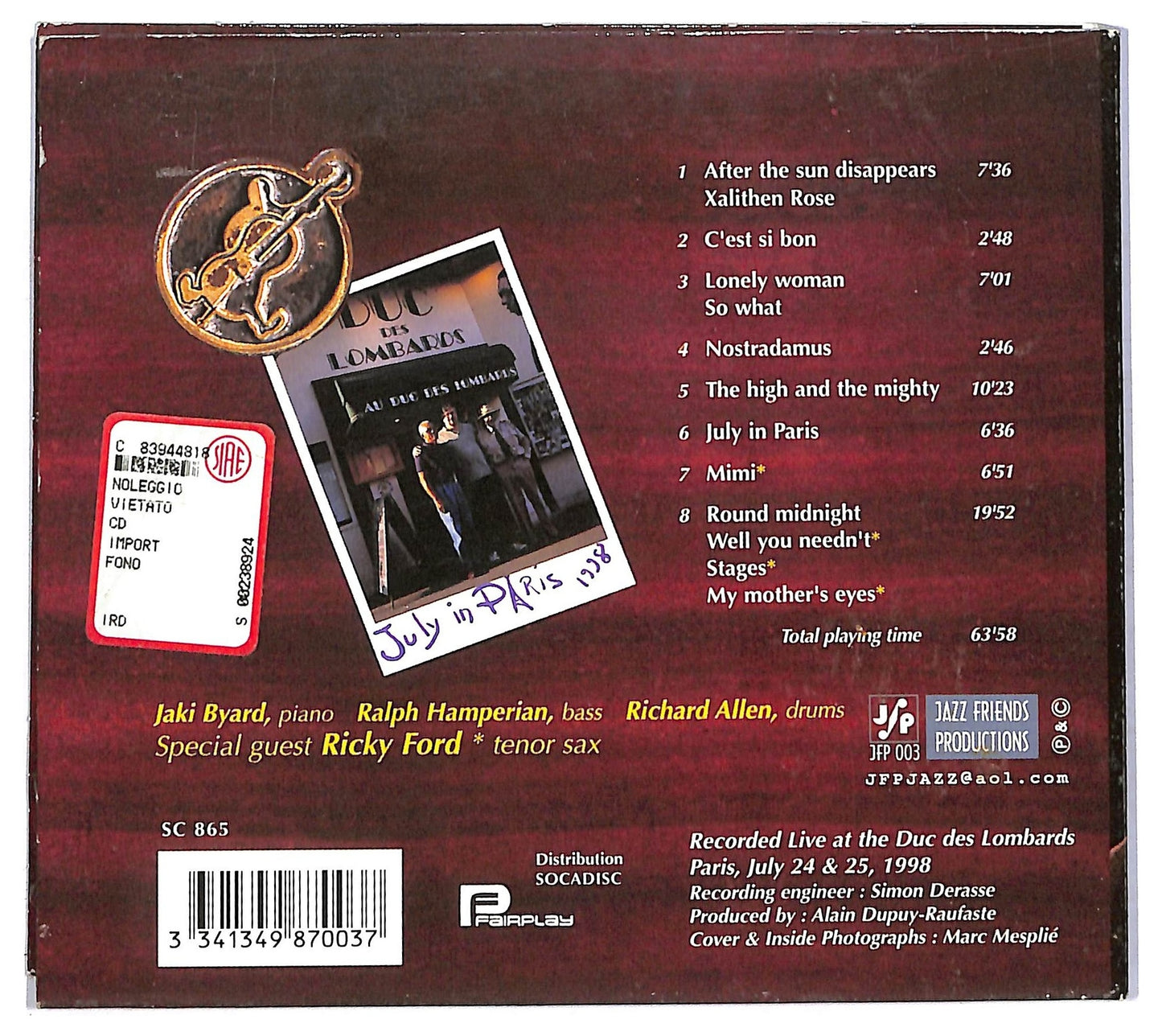 EBOND Jaki Byard Trio - July in Paris CD CD090705