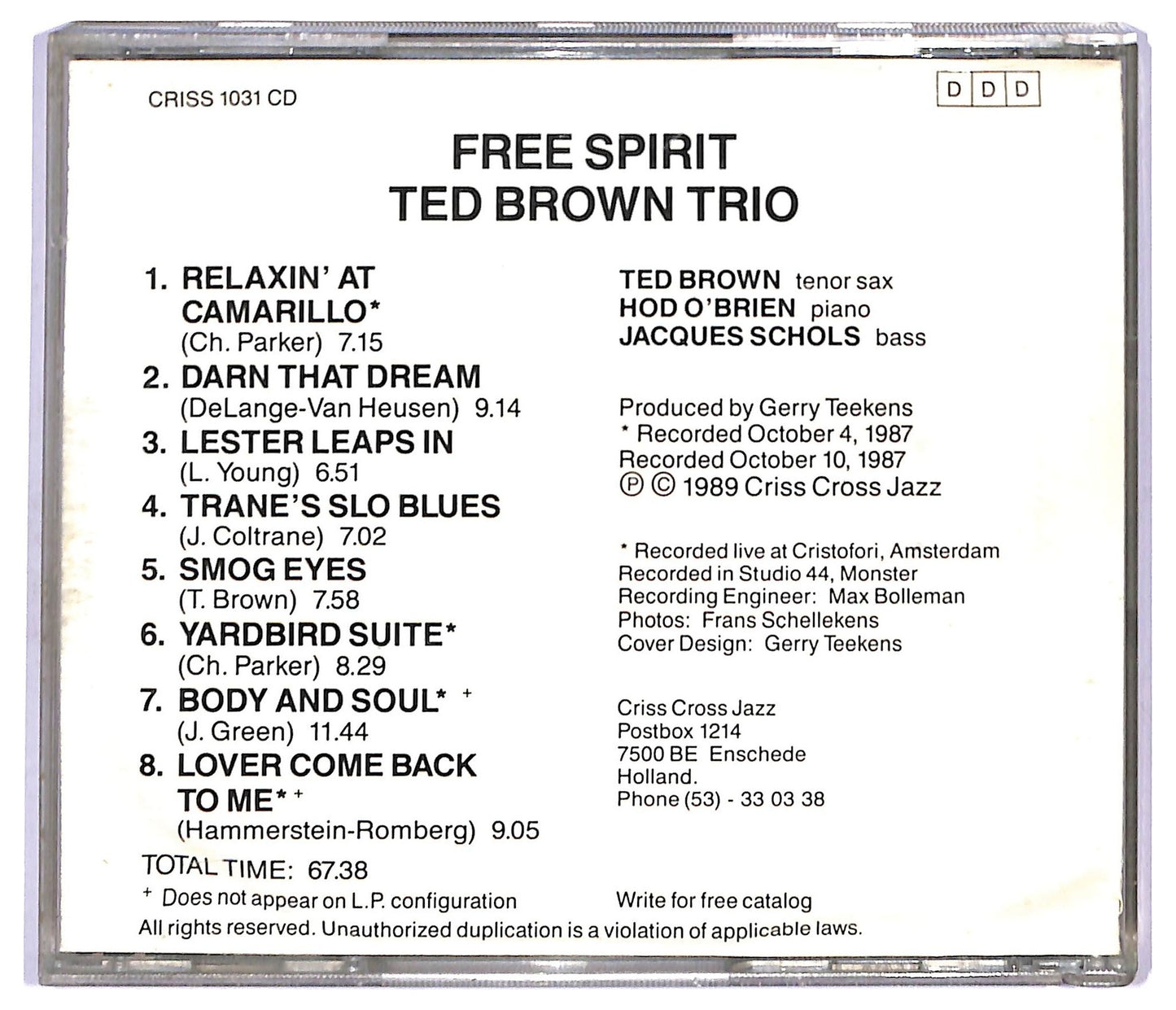 EBOND Ted Brown Trio - Free Spirit CD CD090808