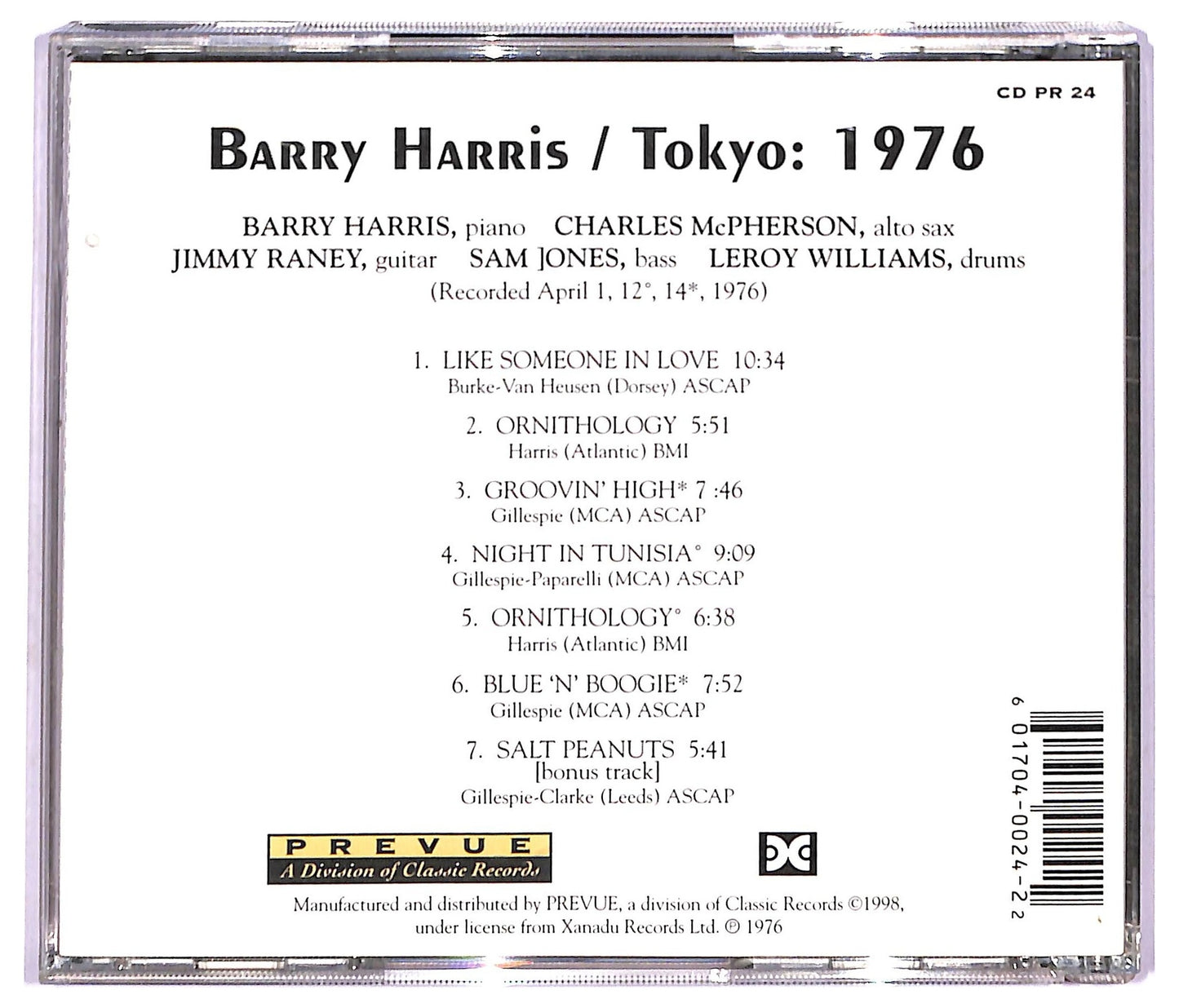EBOND Barry Harris– Tokyo: 1976 CD CD091226