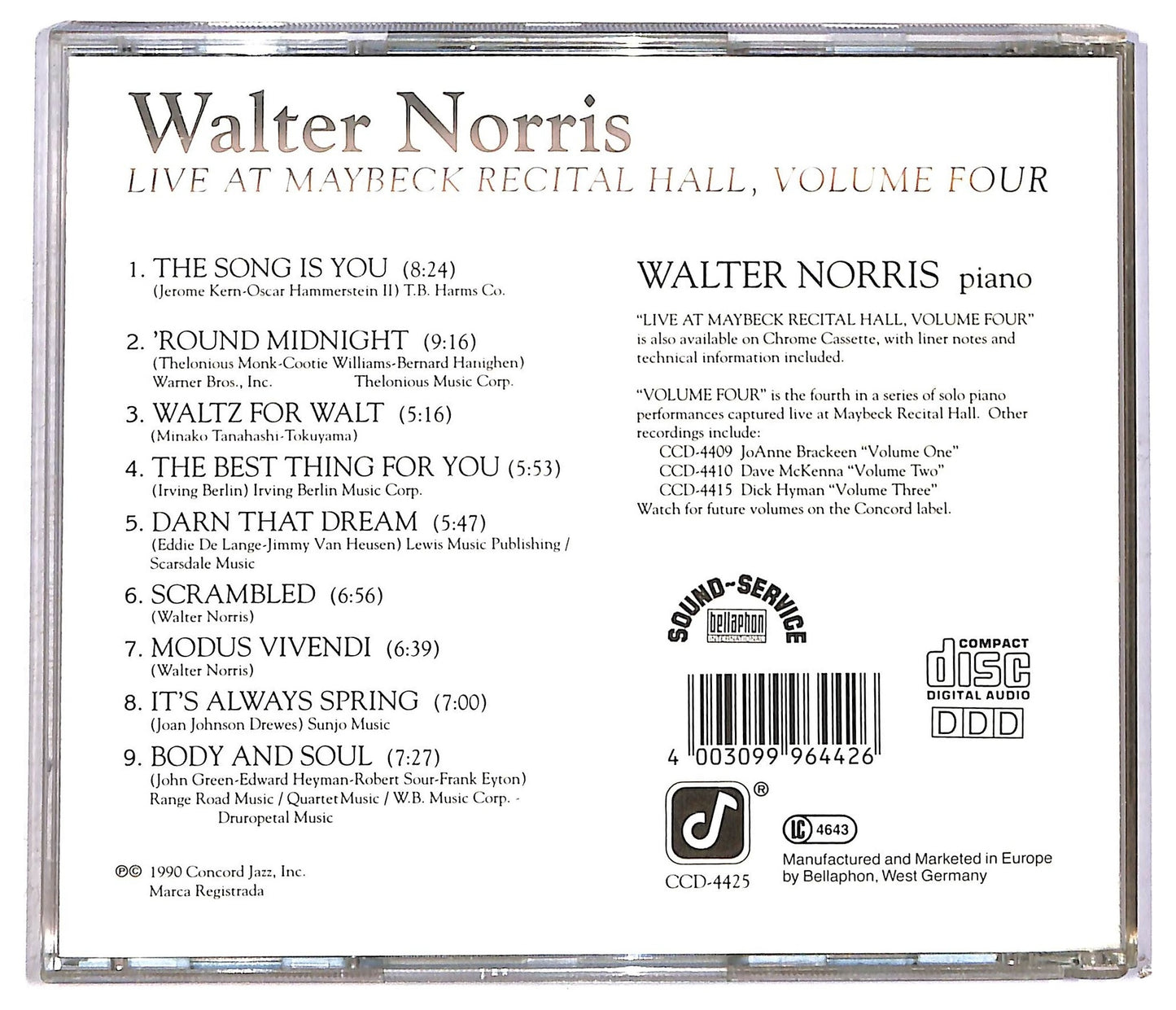 EBOND Walter Norris - Live At Maybeck Recital Hall - Volume Four CD CD091807