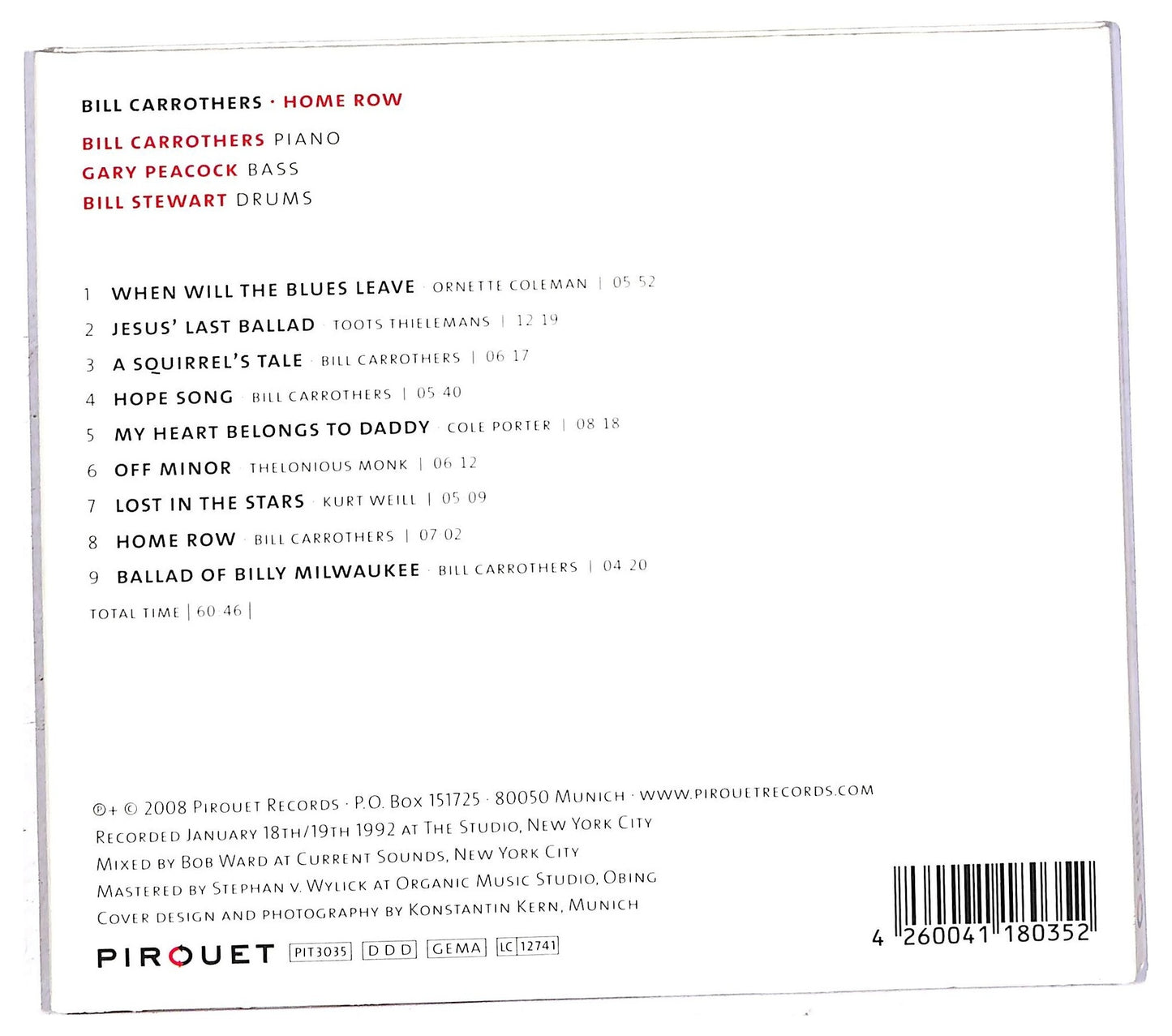 EBOND Bill Carrothers - Home Row CD CD092608