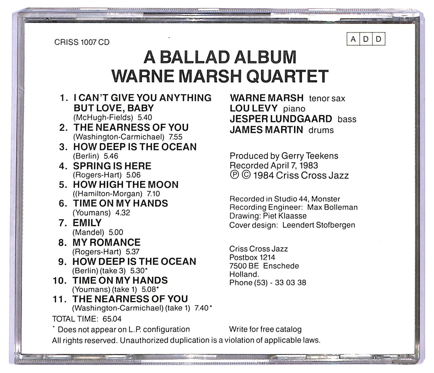 EBOND Warne Marsh Quartet Feat Lou Levy - A Ballad Album CD CD093446