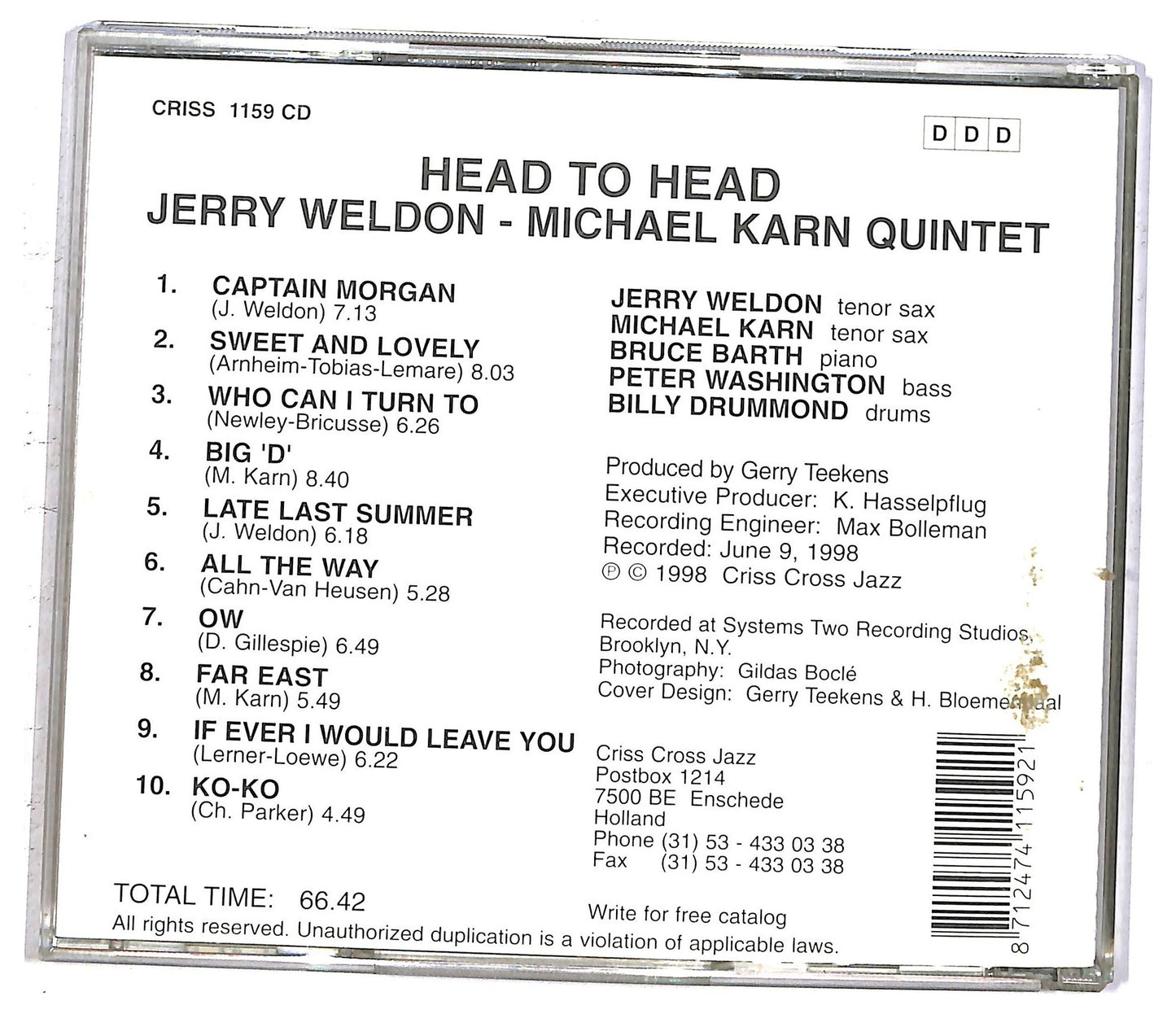 EBOND Jerry Weldon - Michael Karn Quintet - Head To Head CD CD093919