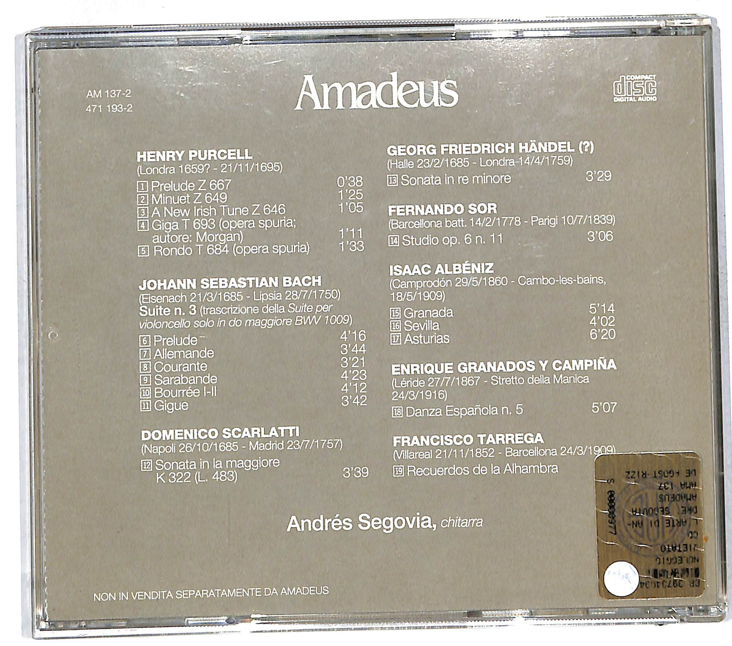EBOND Andres Segovia - Henry Purcell , Johann Sebastian Bach , Domenico Scarlatti , Georg Friedrich Handel , Fernando Sor , Isaac Albeniz , Enrique Granados , Francisco Tarrega - L'Arte Di Andres Segovia CD CD111853