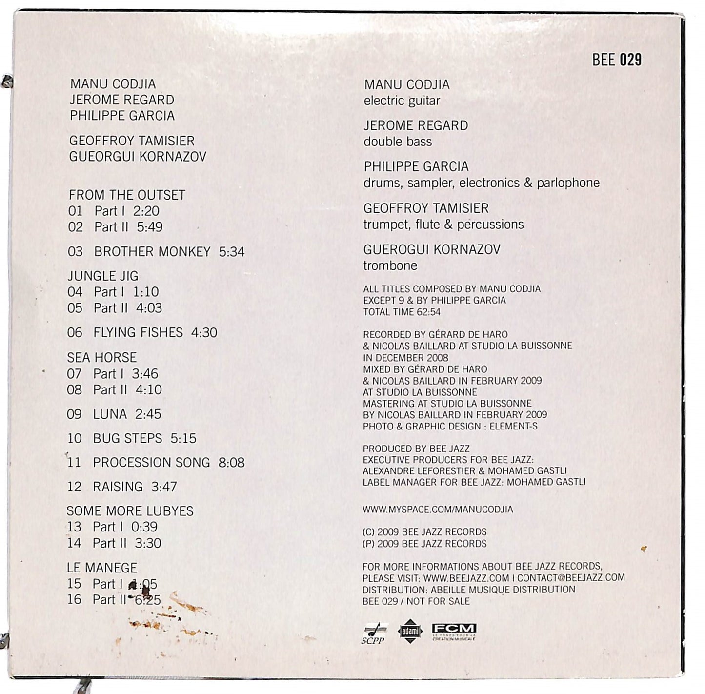 EBOND Manu Codjia , Jerome Regard , Philippe Garcia , Geoffroy Tamisier , Gueorgui Kornasov - Manu Codjia CD CD112512