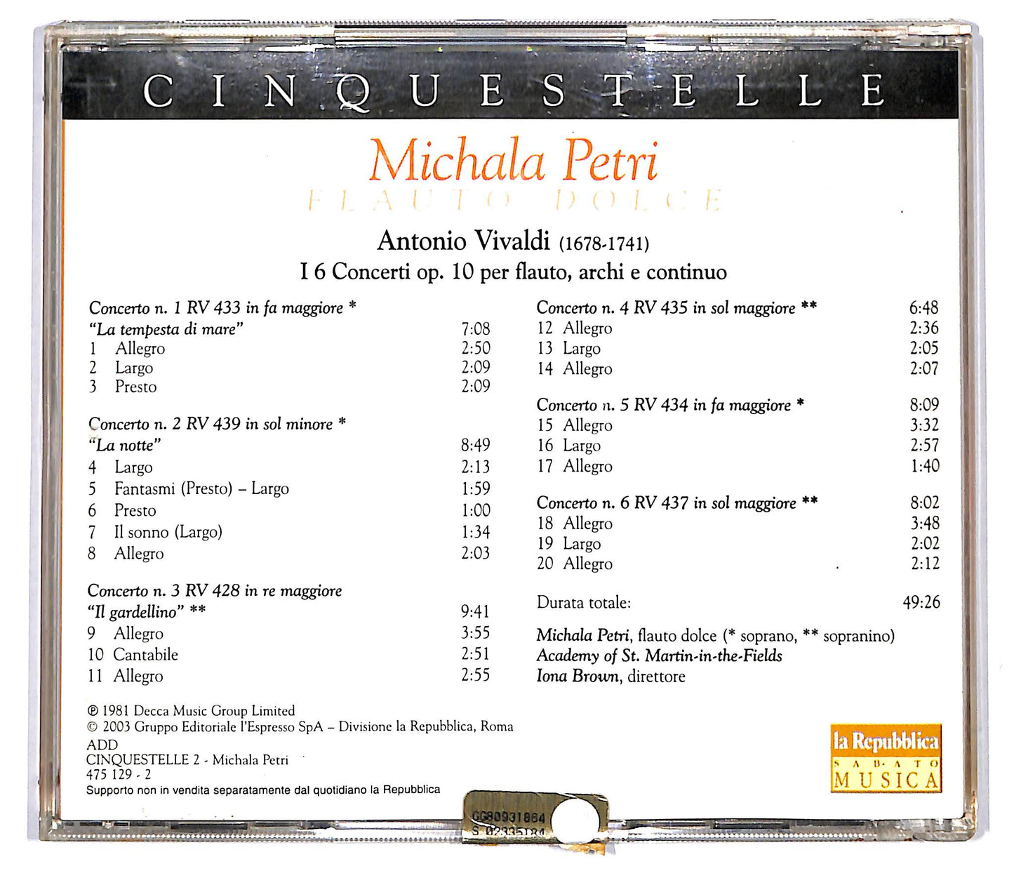 EBOND Vivaldi - Michala Petri - I 6 Concerti Op. 10 Per Flauto CD CD116702
