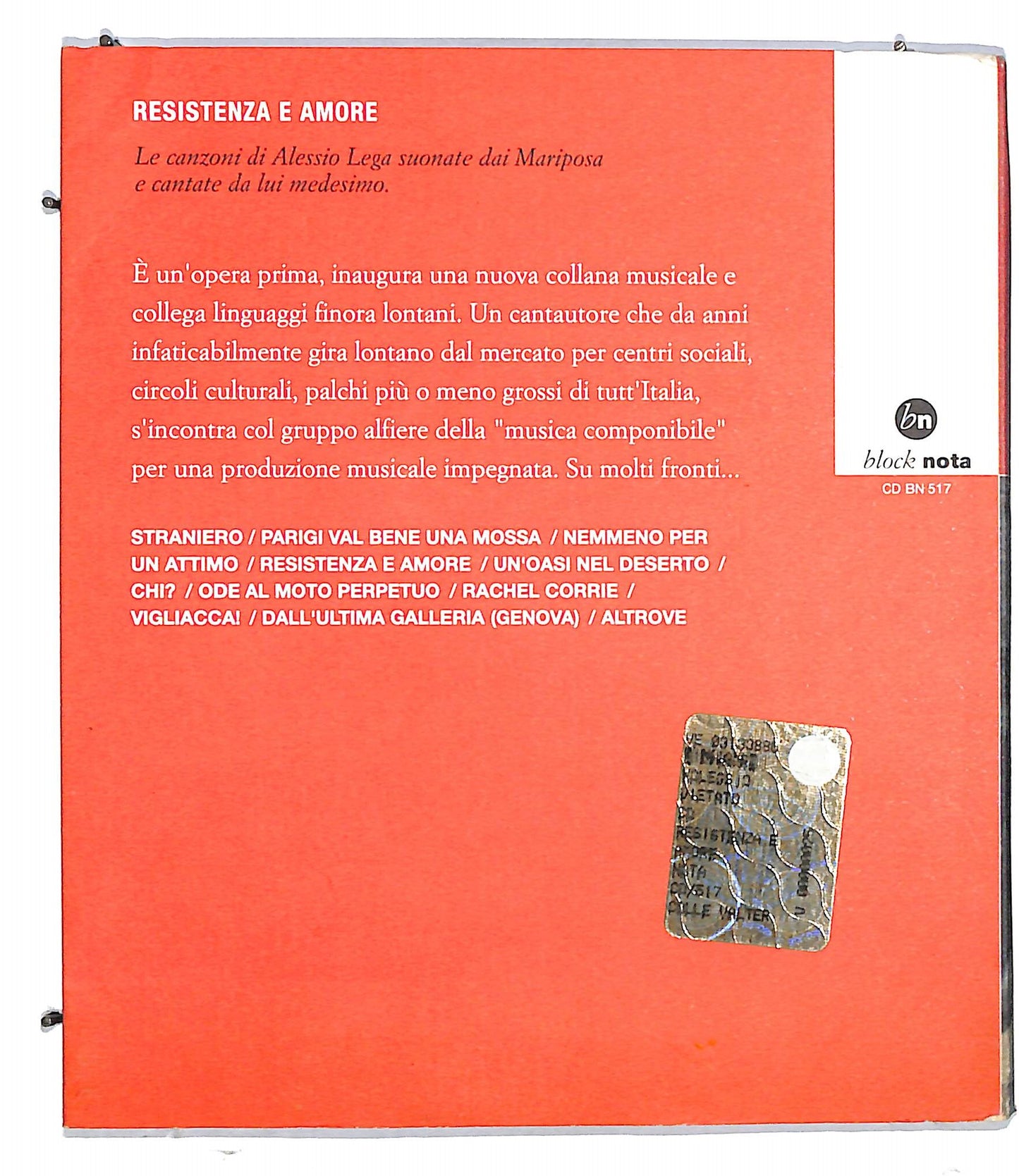 EBOND Alessio Lega & Mariposa - Resistenza E Amore CD CD117021