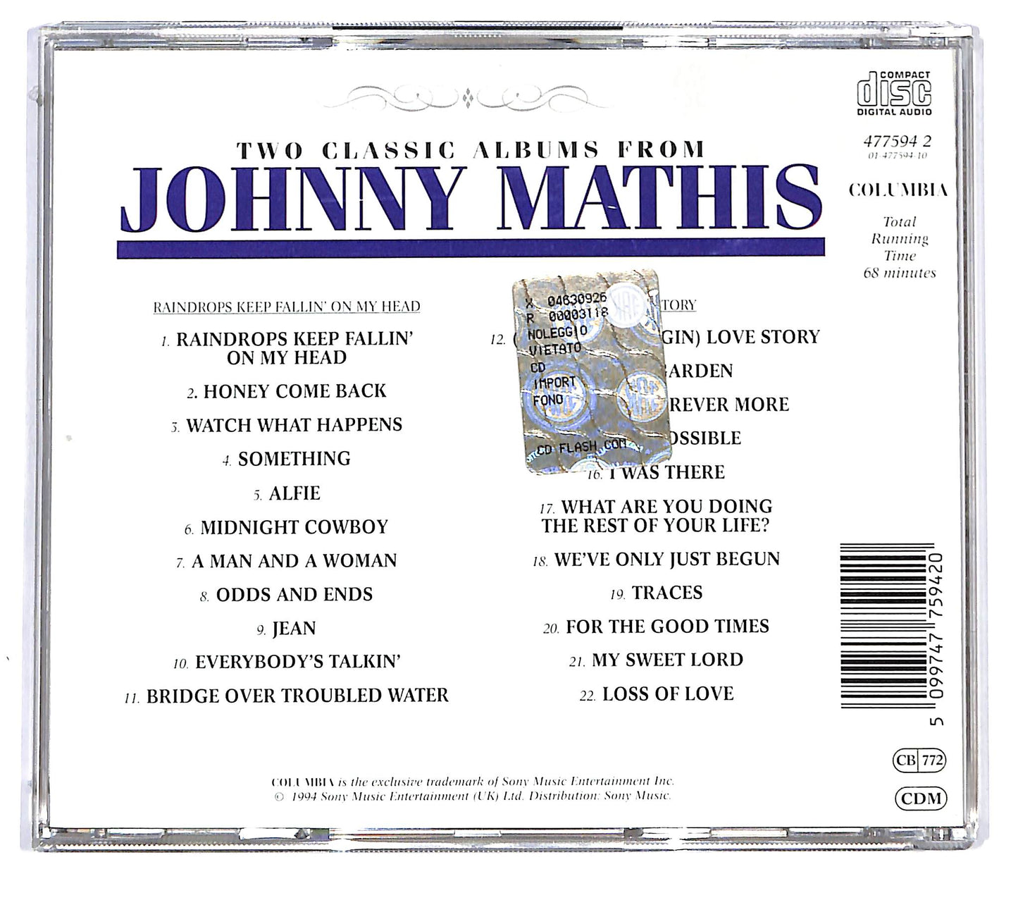 EBOND Johnny Mathis - Raindrops Keep Fallin' On My Head / Love Story CD CD120048