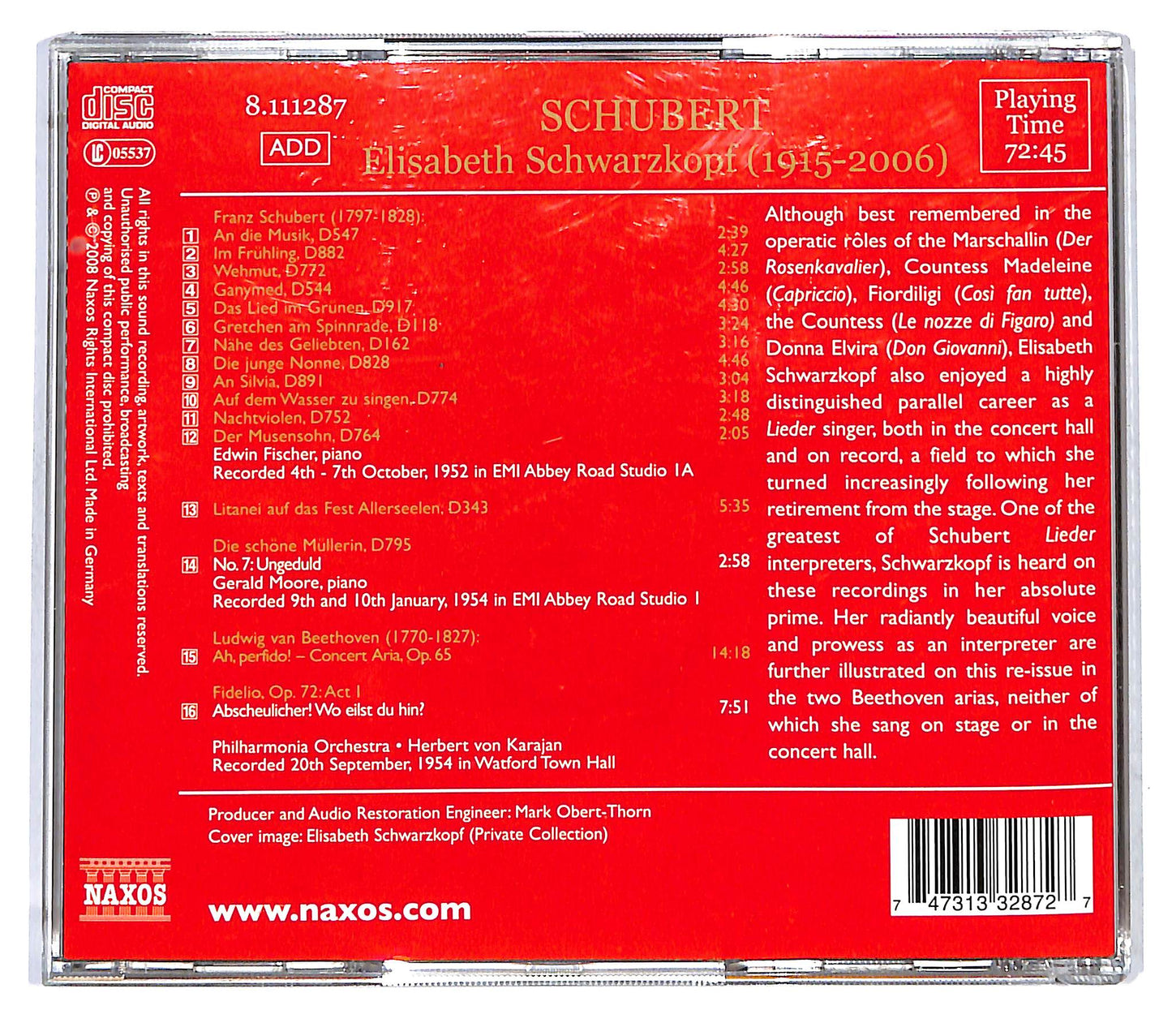 EBOND Schubert - Schwarzkopf , Edwin Fischer , Gerald Moore - Lieder CD CD121025