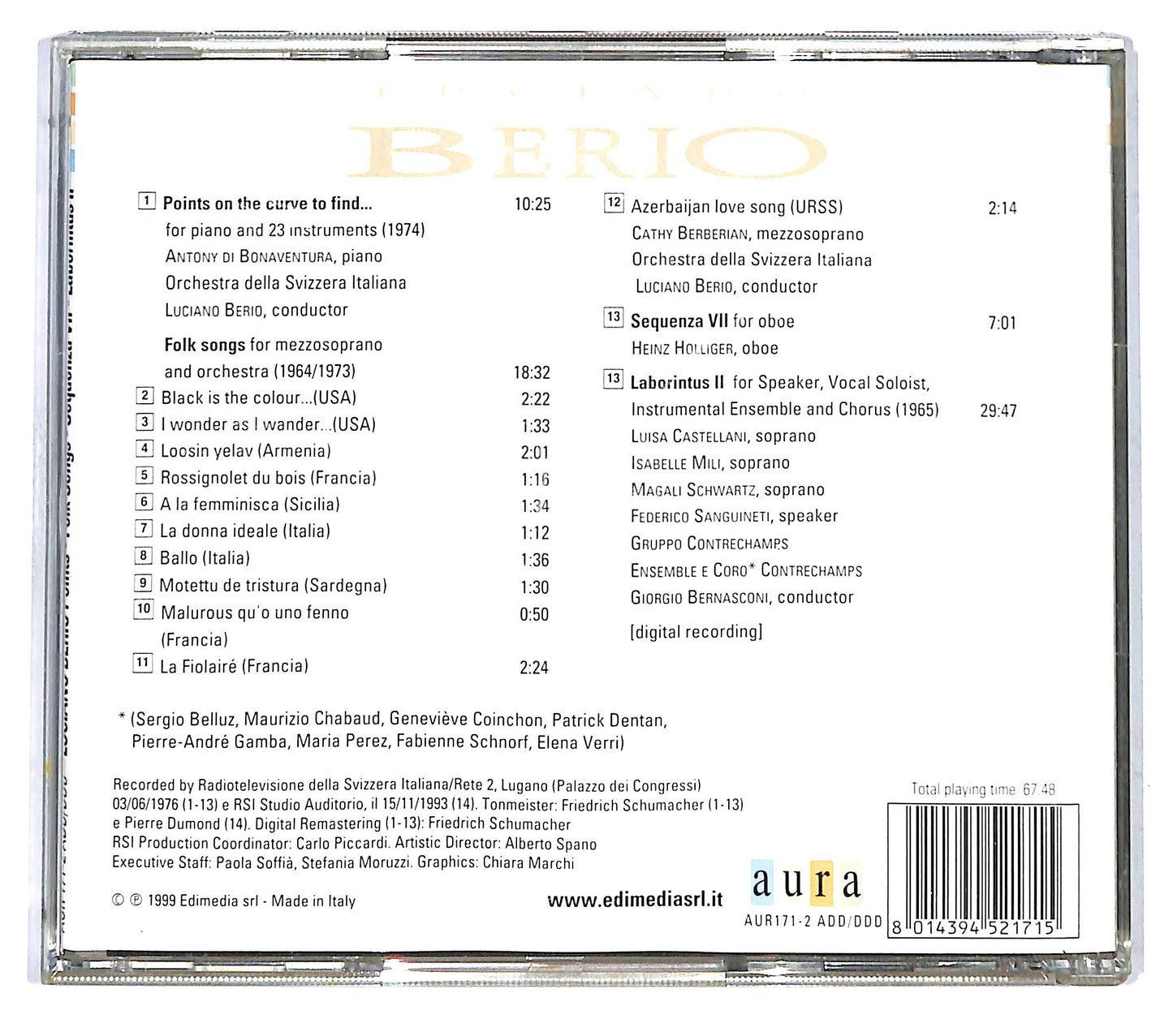 EBOND Luciano Berio - Points- Folk Songs - Sequenza VII CD CD121030