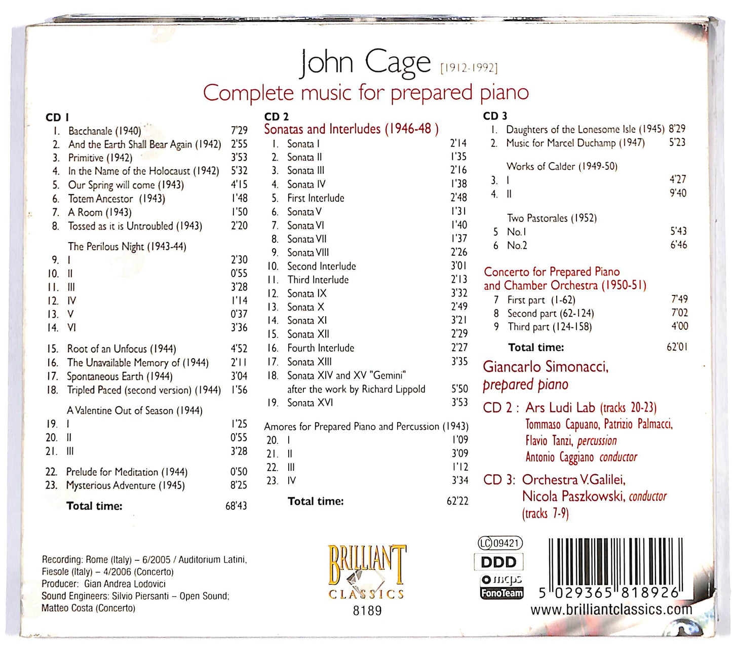 EBOND John Cage - Complete Music For Prepared Piano DIGIPACK CD CD122312
