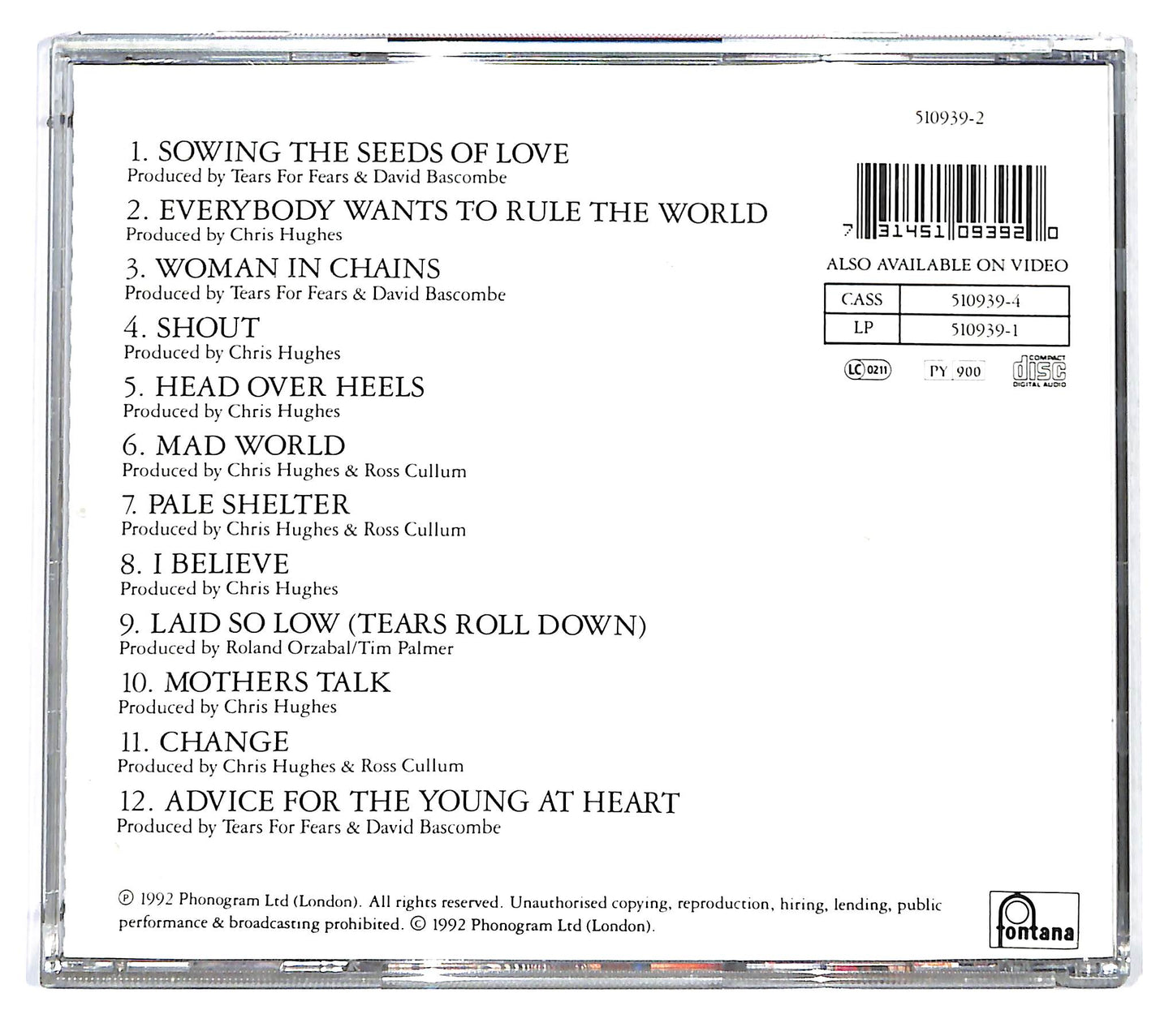 EBOND Tears For Fears - Tears Roll Down (Greatest Hits 82-92) CD CD126740