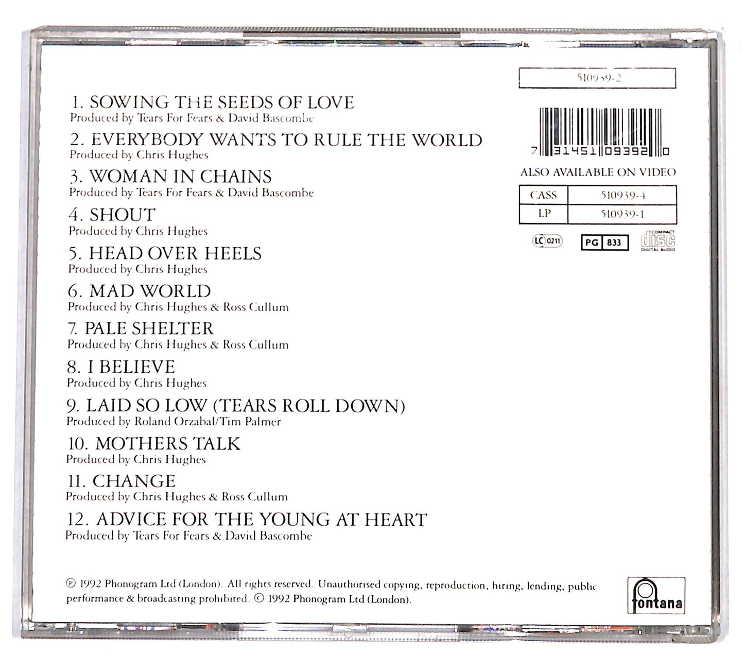 EBOND Tears For Fears - Tears Roll Down (greatest Hits 82-92) CD CD132411